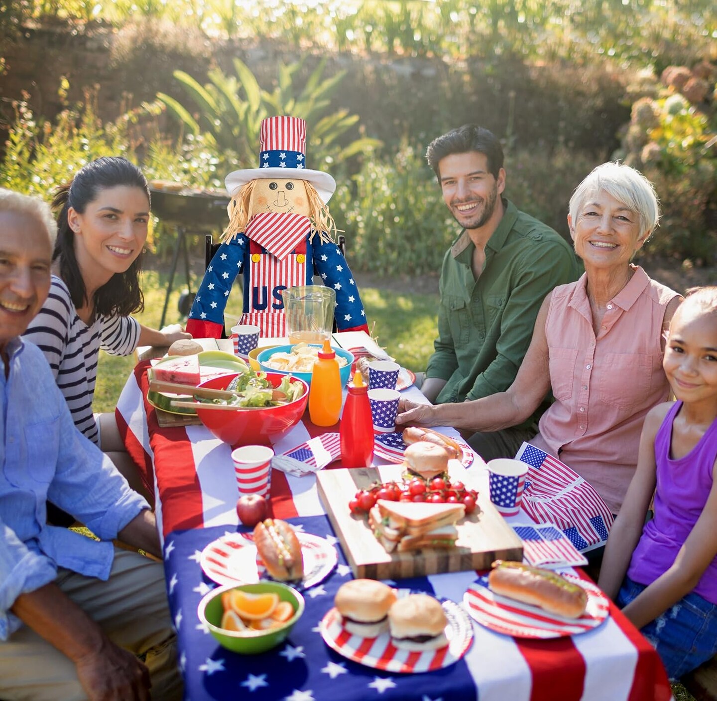 Large Independence Day Uncle Sam Scarecrow Sitter Decor, 60&#x22; Life Size Patriotic Sitting Male Boy Scarecrows Outdoor Decoration 4th of July Home Porch Yard Garden