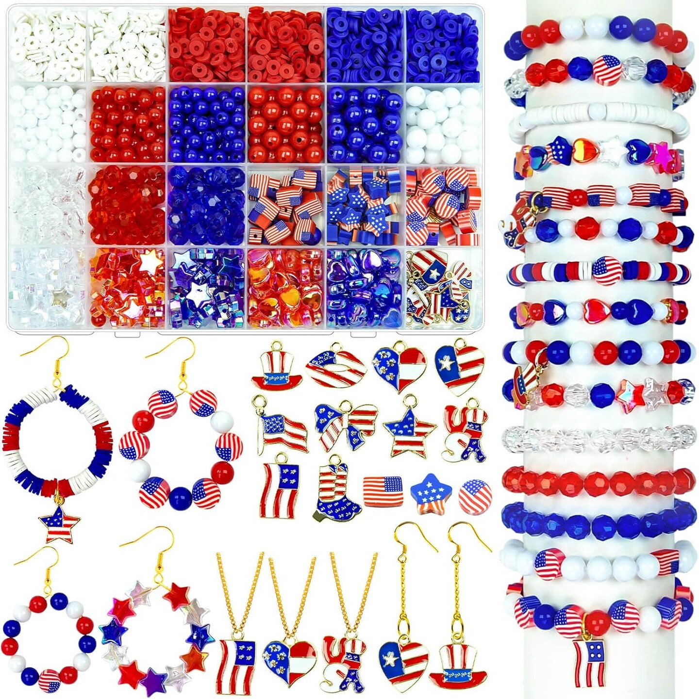 2290Pcs 4th of July Red White Blue Beads Bracelet Making Kit Independence Day Patriotic Clay Heishi Beads Star Heart Charms with America Flag Heart Hat Pendant Accessories for DIY Jewelry Making