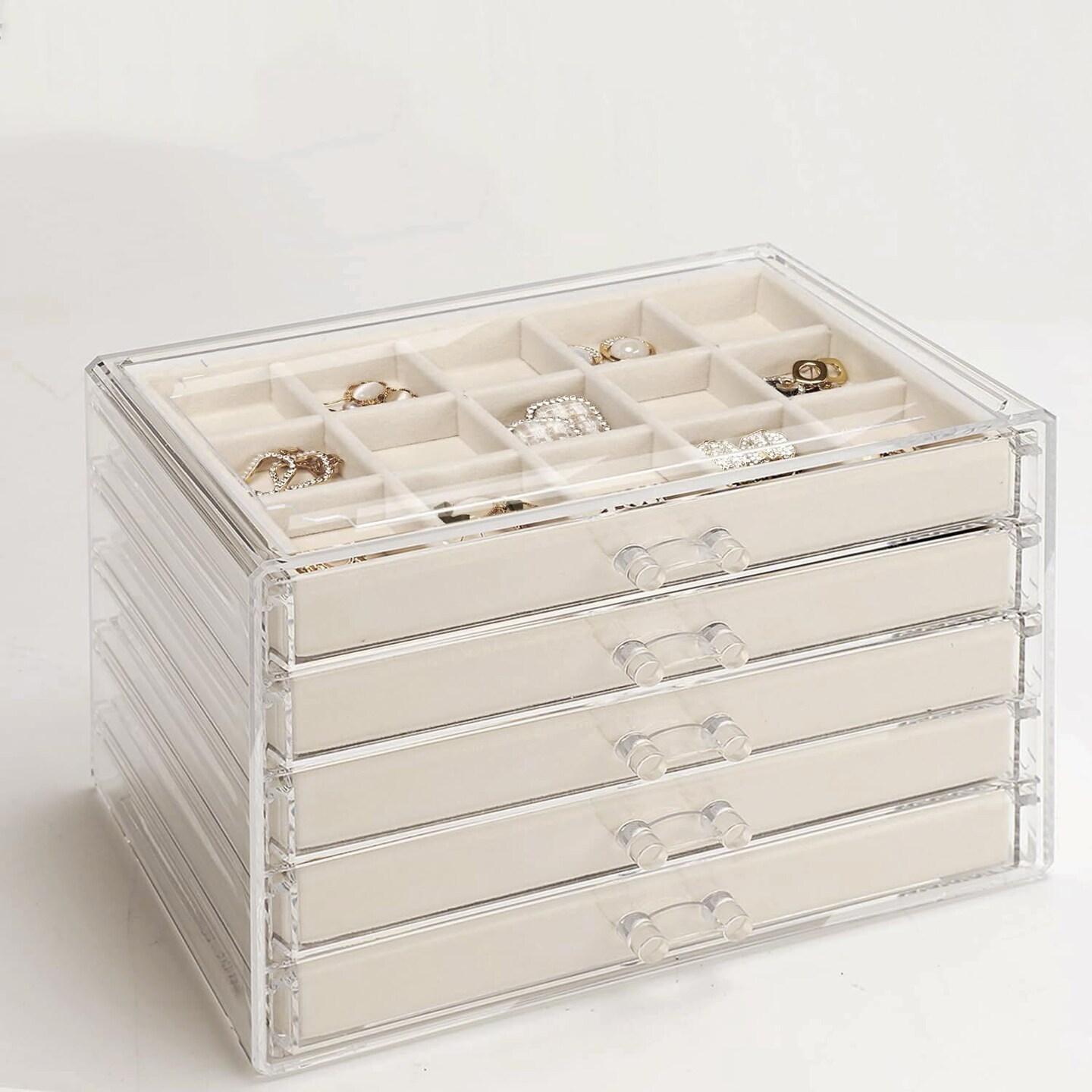 5-Drawer Clear Jewelry Box for Women & Girls – Acrylic Organizer with Velvet-Lined Trays for Rings, Earrings, and Accessories (Warm White)