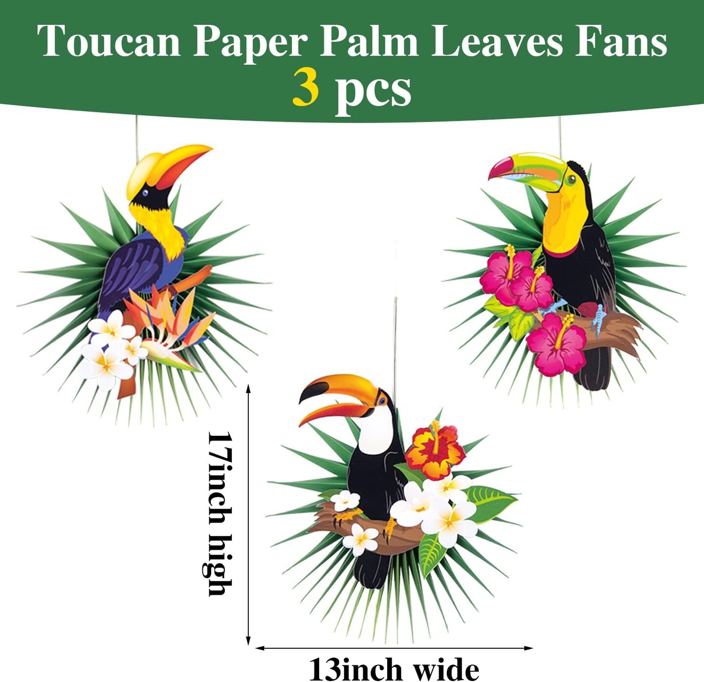 Toucan Luau Decorations,Tiki Party Decorations,Tropical Garland Bird Kit for Summer,Palm Tree Decor,Hawaiian Jungle Themed Party Decors with Paper Palm Leaves, Paper Fan Lanterns