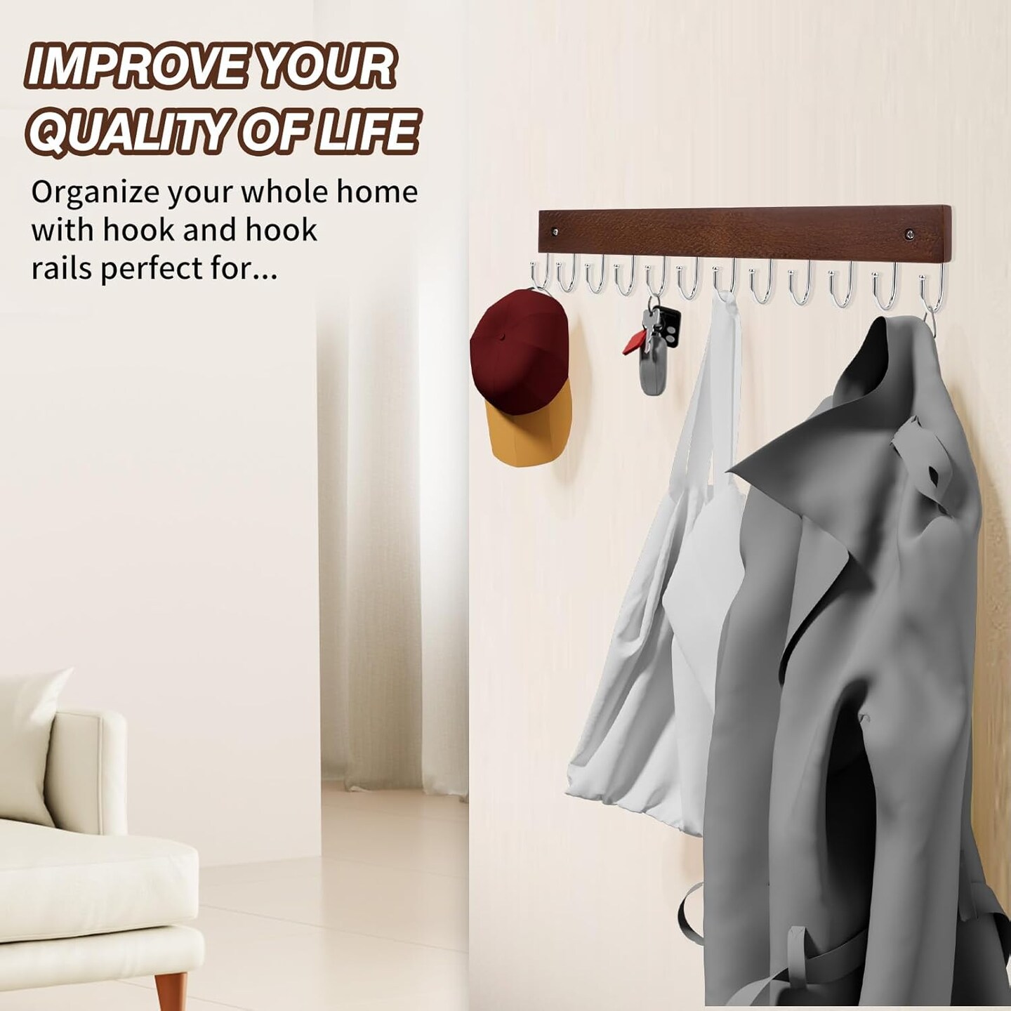 Key Hooks, Key Hooks for Wall Mounted with 12 Hooks, for Entryway, Bathroom, Hallway and Kitchen (Brown Color) (1 Pack)