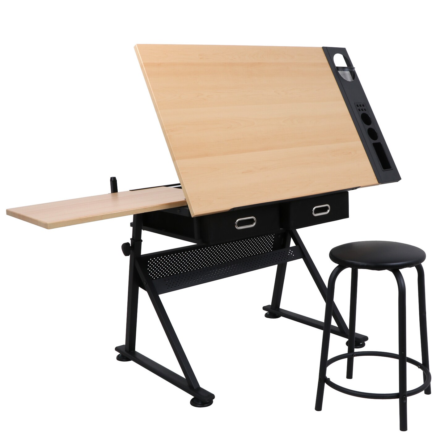 Adjustable Drafting Table with Stool &#x2013; Artist Drawing Desk with Tilted Tabletop