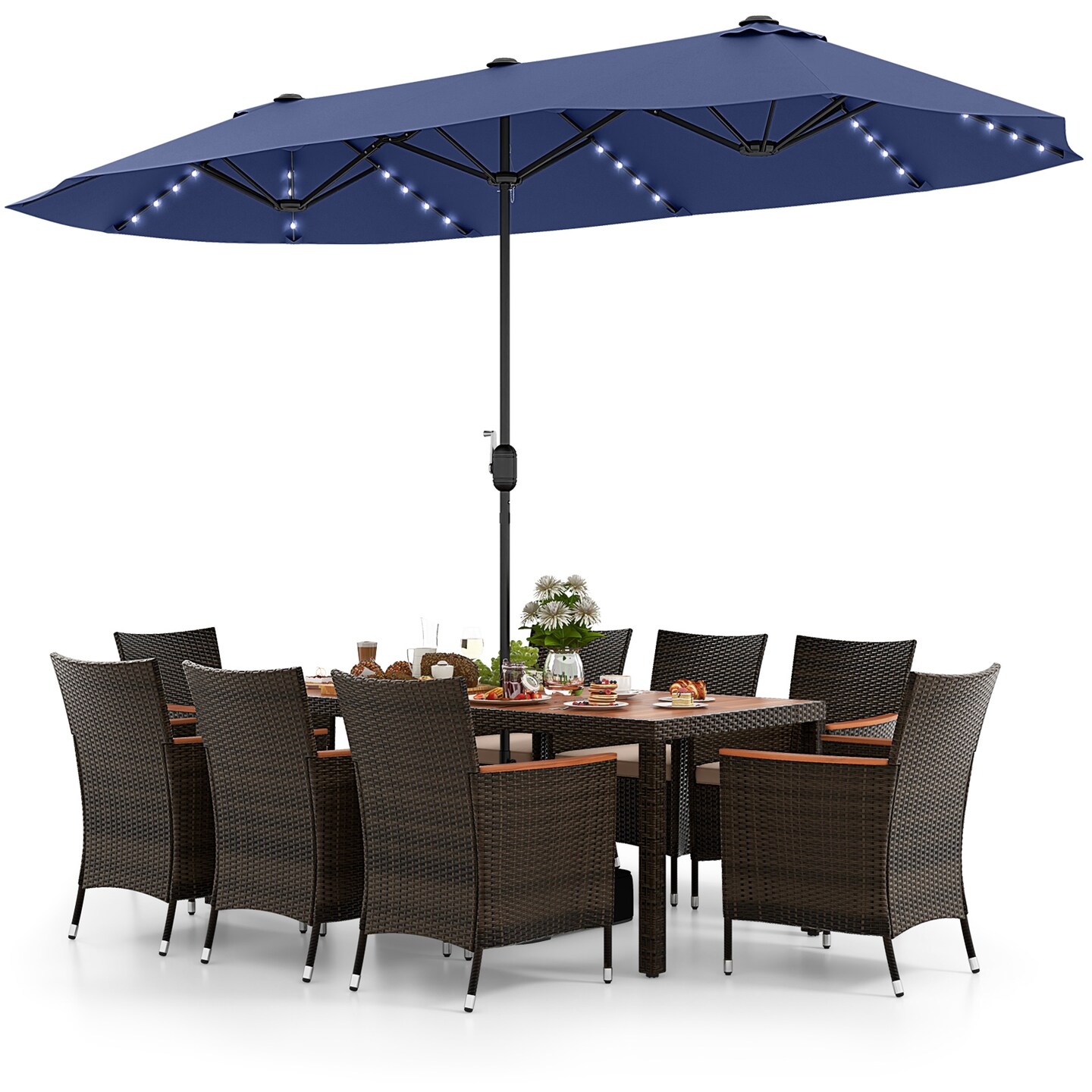 11-Piece Outdoor Dining Set with 15 Feet Umbrella, Cushions, and Acacia Wood