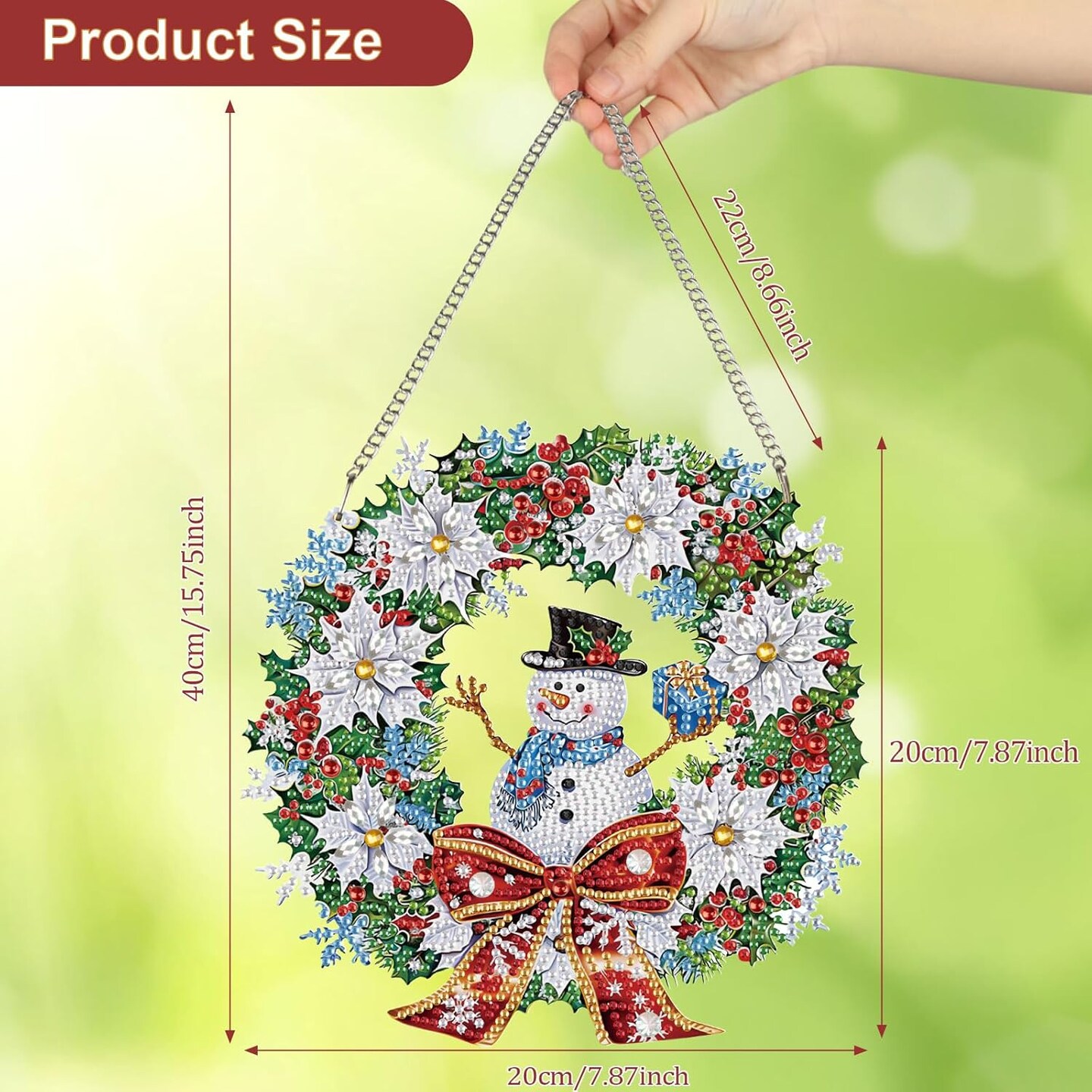 Christmas Diamond Painting Hanging Ornament, 5D Special Shape Snowman Wreath Diamond Art, Crafts for Adults DIY Gem Art, Acrylic Home Garden Decor Wall Art with Chain, Box Kit, 7.87x7.87inch