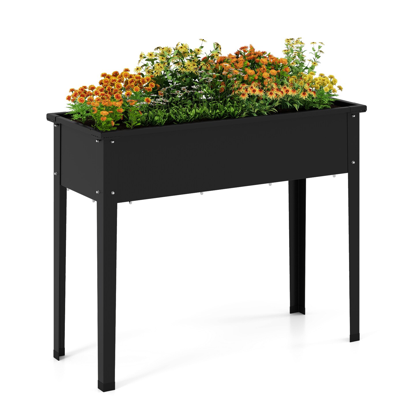 Black Outdoor Raised Garden Bed with Sturdy Metal Frame and Built-in Drainage Hole and Anti-Slip Pads