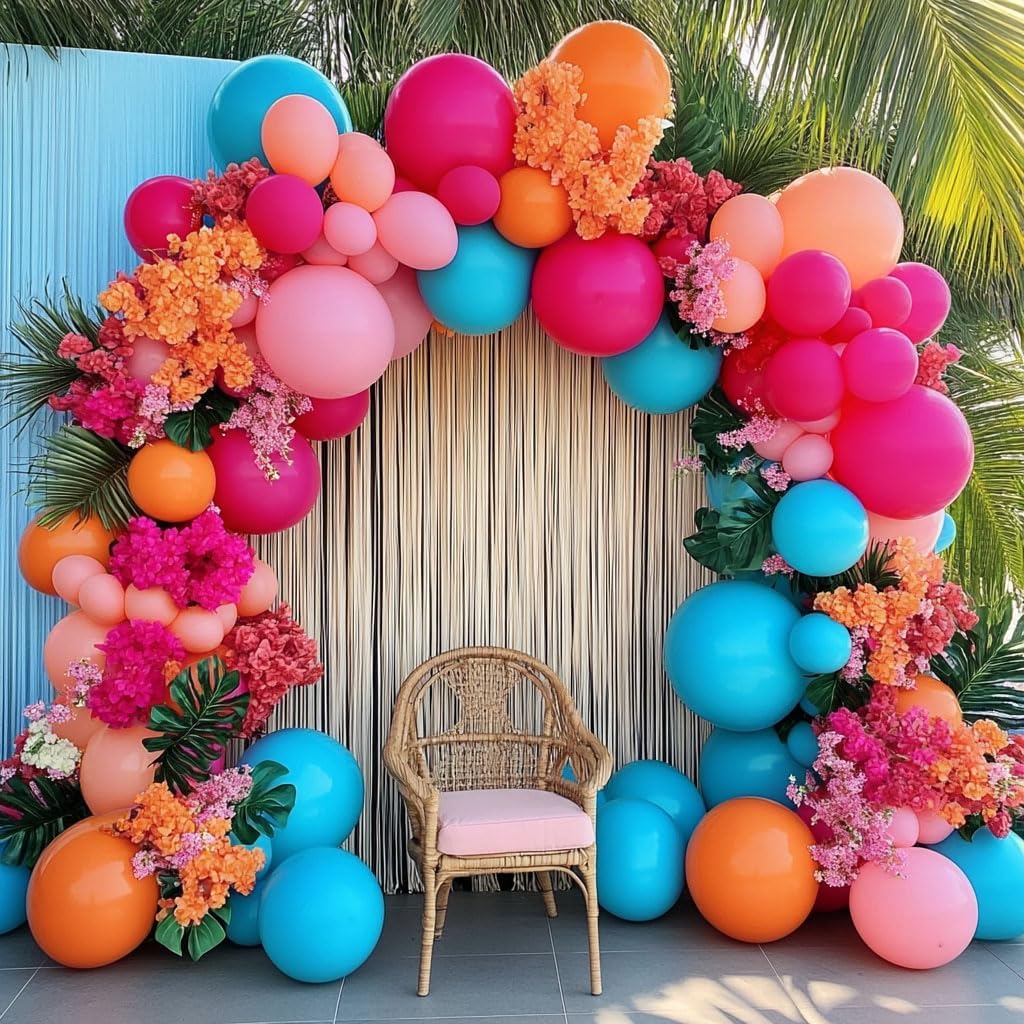 Hot Pink Blue Orange Balloon Garland Double Stuffed Teal Orange Pastel Pink Peach Latex Metallic Burgundy Balloon Arch Kit for Tropical Summer Hawaii Luau Flamingo Birthday Party Decoration