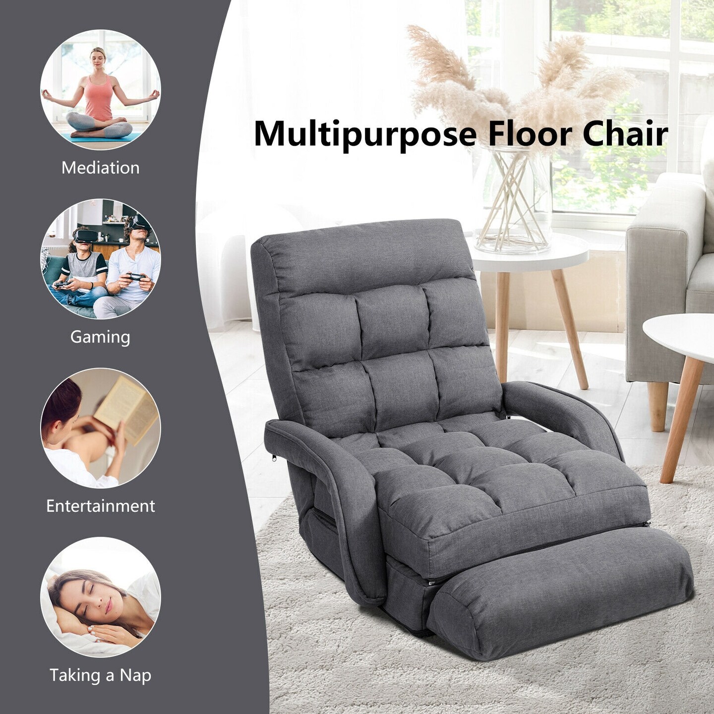 Folding Floor Chair with Adjustable Backrest Armrests and Lumbar Pillow