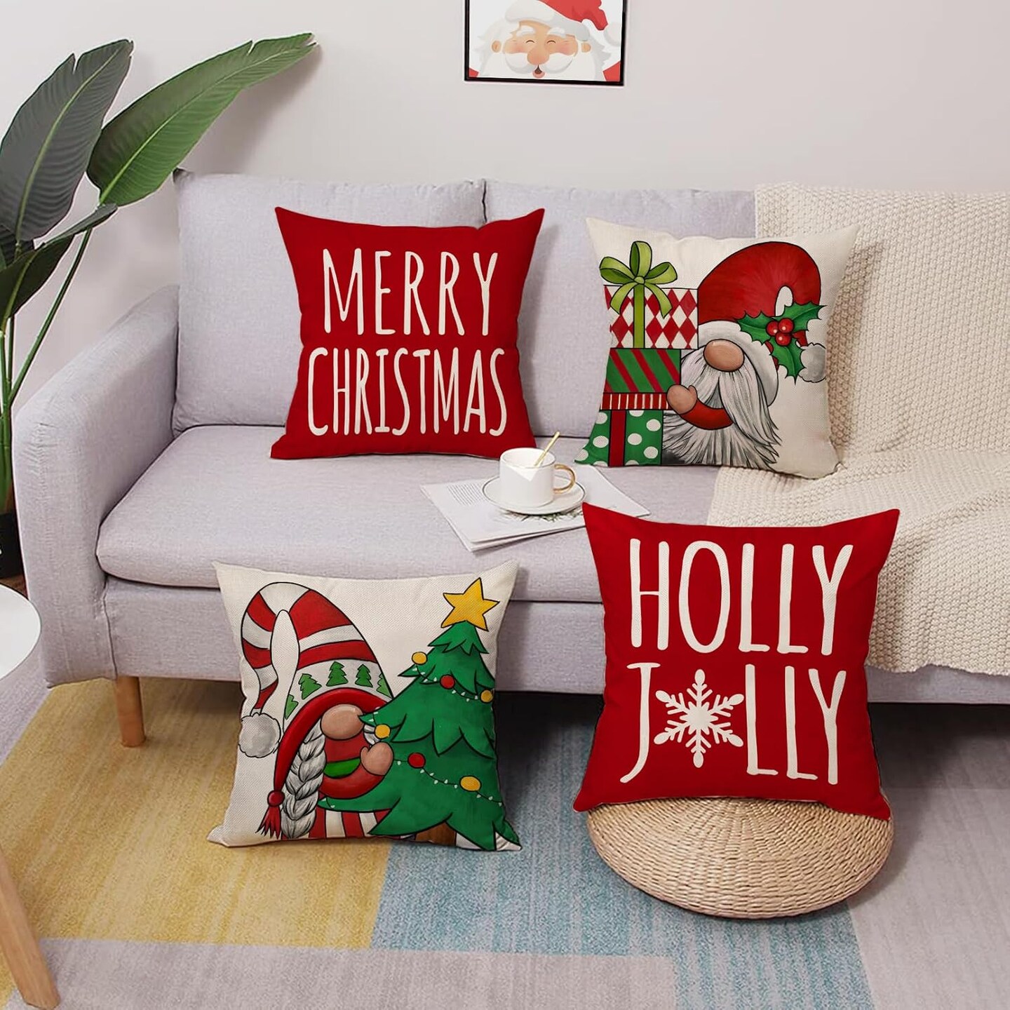 Merry Christmas Gnome Decorative Throw Pillow Cover 18 x 18 Set of 4, Xmas Tree Holly Jolly Red Porch Patio Home Decor, Winter Holiday Snowflakes Polka Dot Gifts Outdoor Sofa Couch Cushion Case
