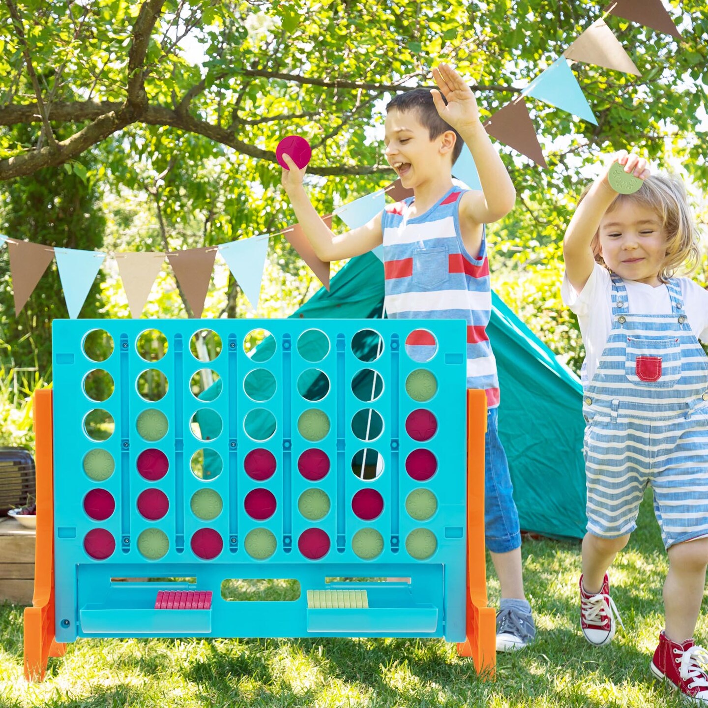 Jumbo 4 in a Row Game Set with Coin Trays for Indoor and Outdoor Fun