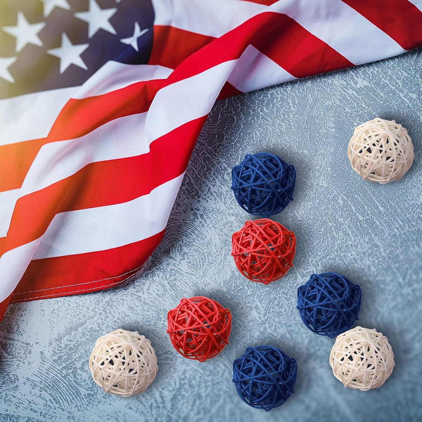 30 Pcs Patriotic Rattan Balls 4th of July Decorative Balls for Bowl 1.8 Inch Red White and Blue Table Wicker Balls for Decorating Bowl Filler Vase Filler Spheres for Table Independence Day Home Decor