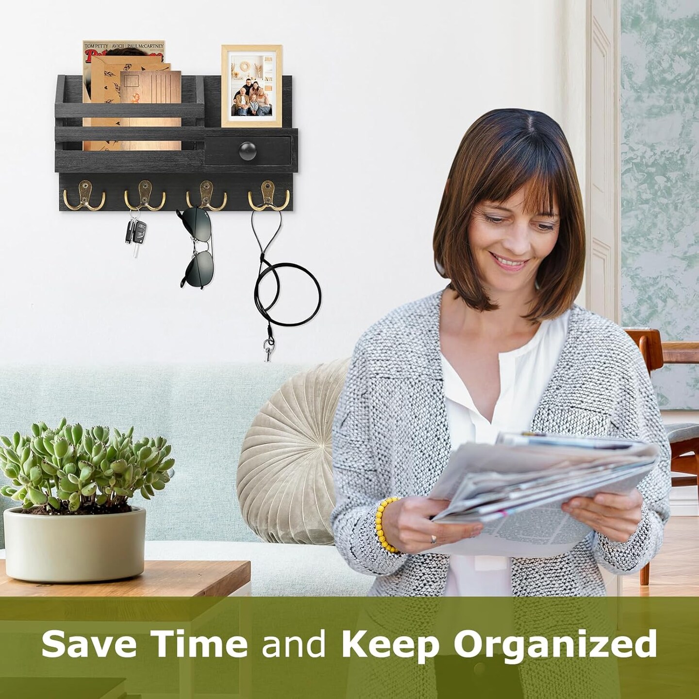 Key Holder Wall Mount – Wooden Mail and Key Organizer with Drawer, Small Shelf, 8 Hooks, 2 Installation Methods, Black