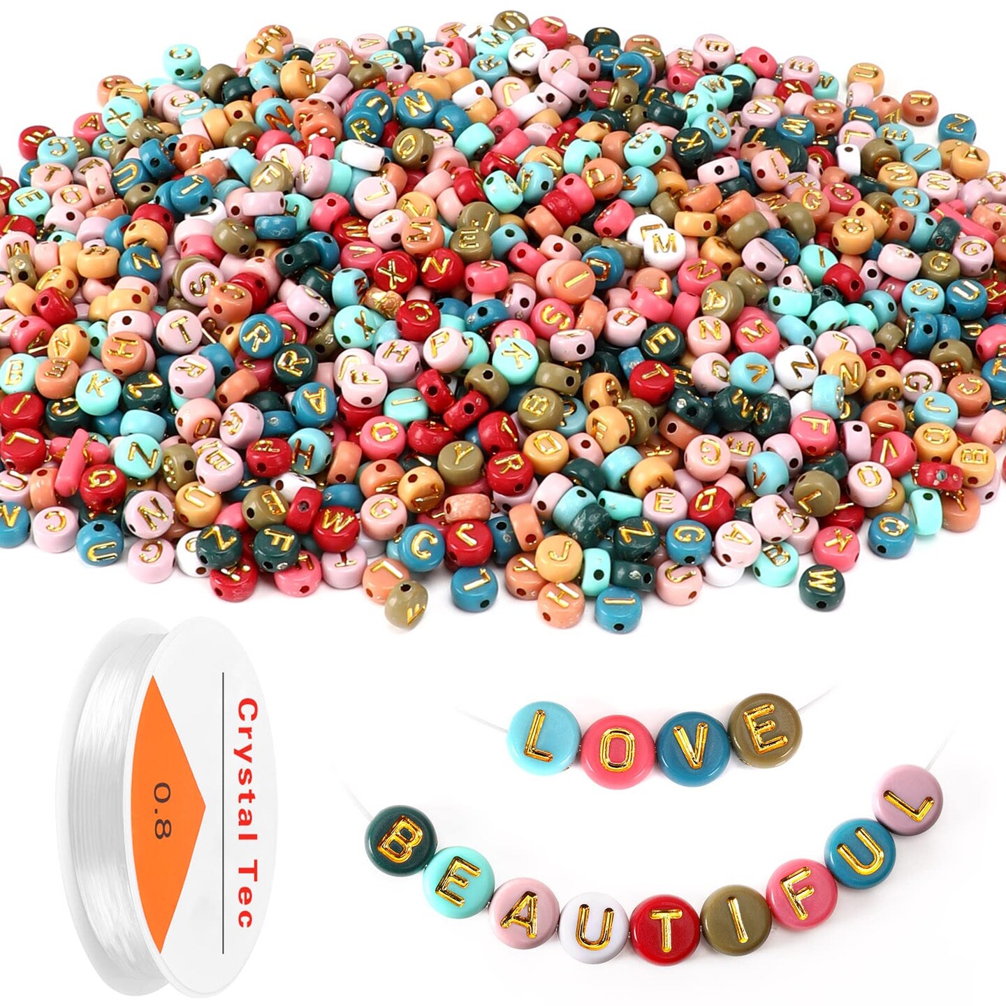 Colored Letter Beads, DECYOOL 1900Pcs 4&#xD7;7mm Colorful Gold Acrylic Alphabet Beads with 1 Roll Elastic String for Bracelet Necklace Jewelry Making Supplies