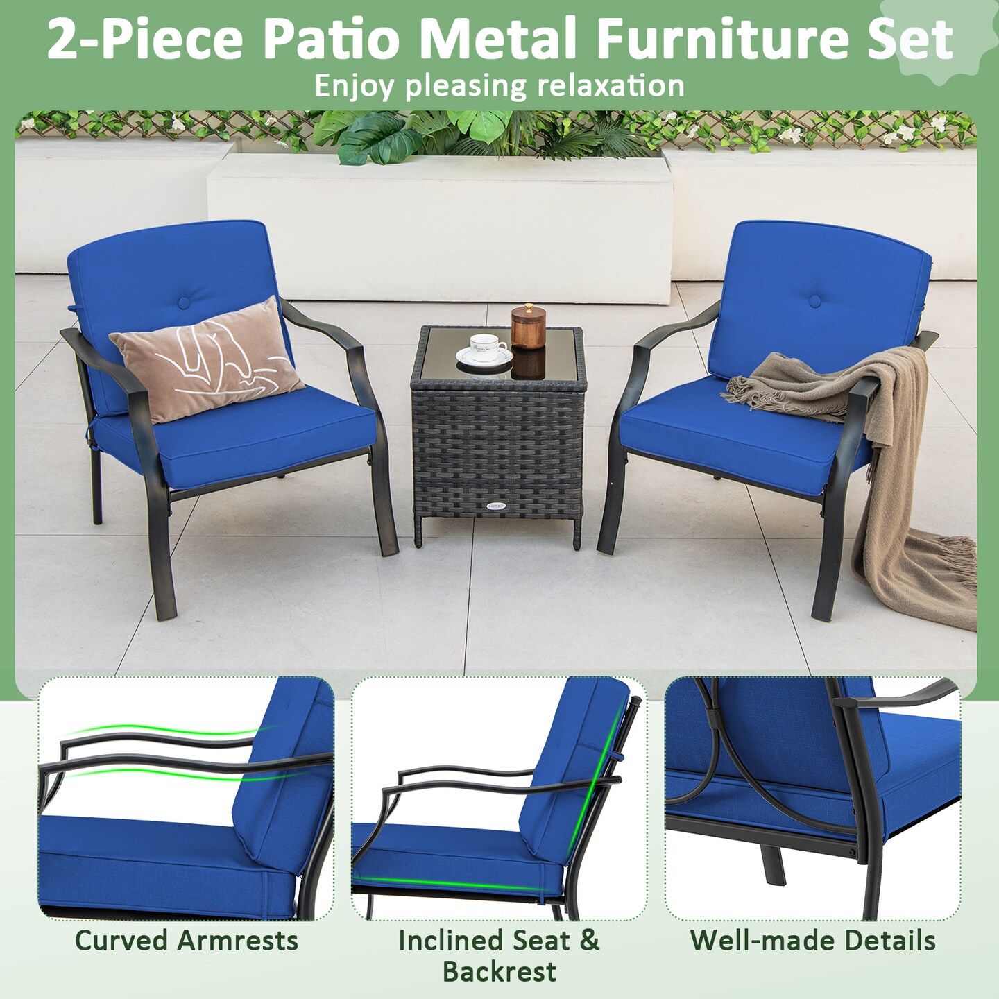 2-Piece Outdoor Patio Metal Chair Set with Cushions Black Frame, Gray Removable Cushions
