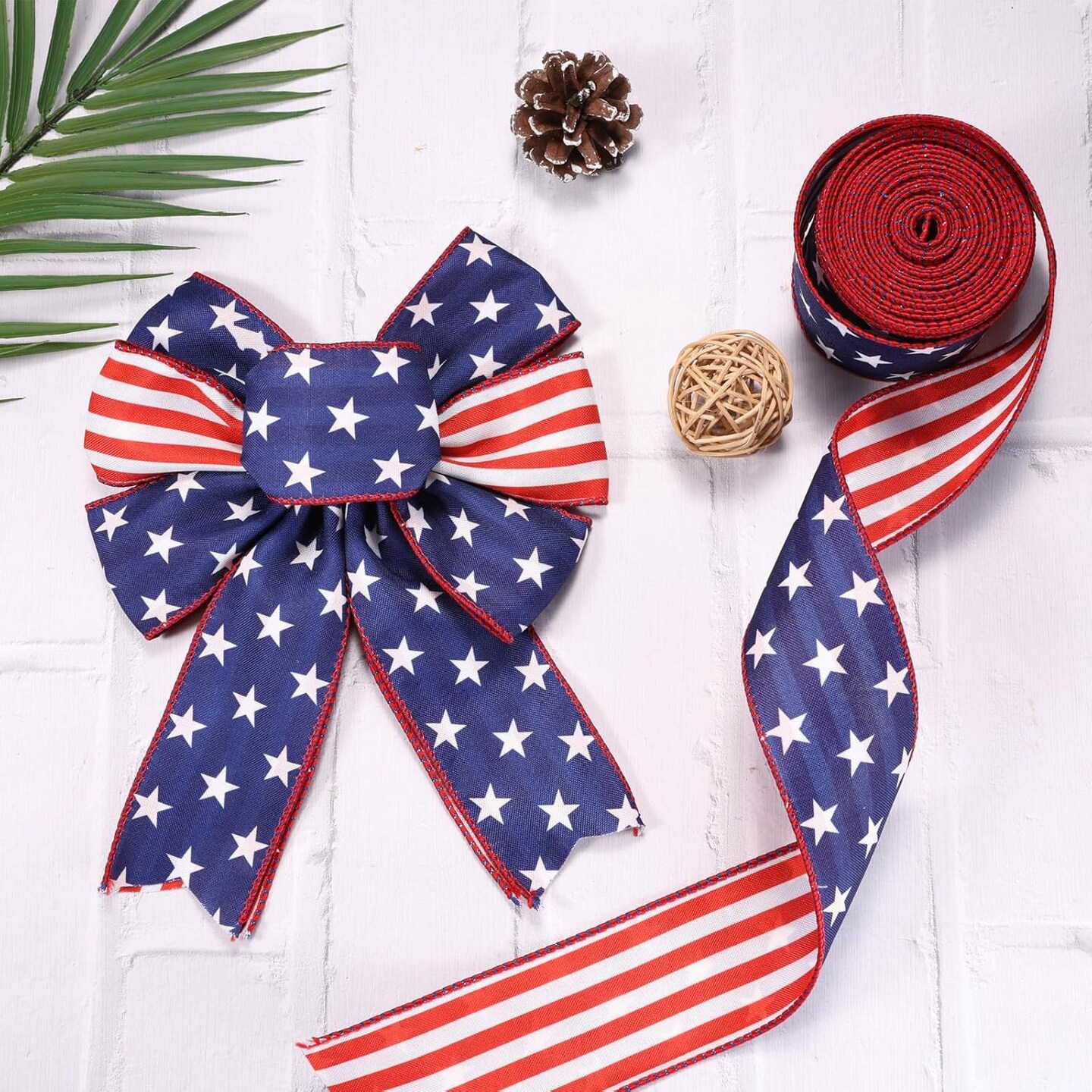 Blue and White Ribbons, Double-Faced Patriotic Ribbon Wired White Star Blue Ribbon for 4th of July Independence Day Memorial Day Decor Party Wreath Bows Making DIY Crafts Wrapping