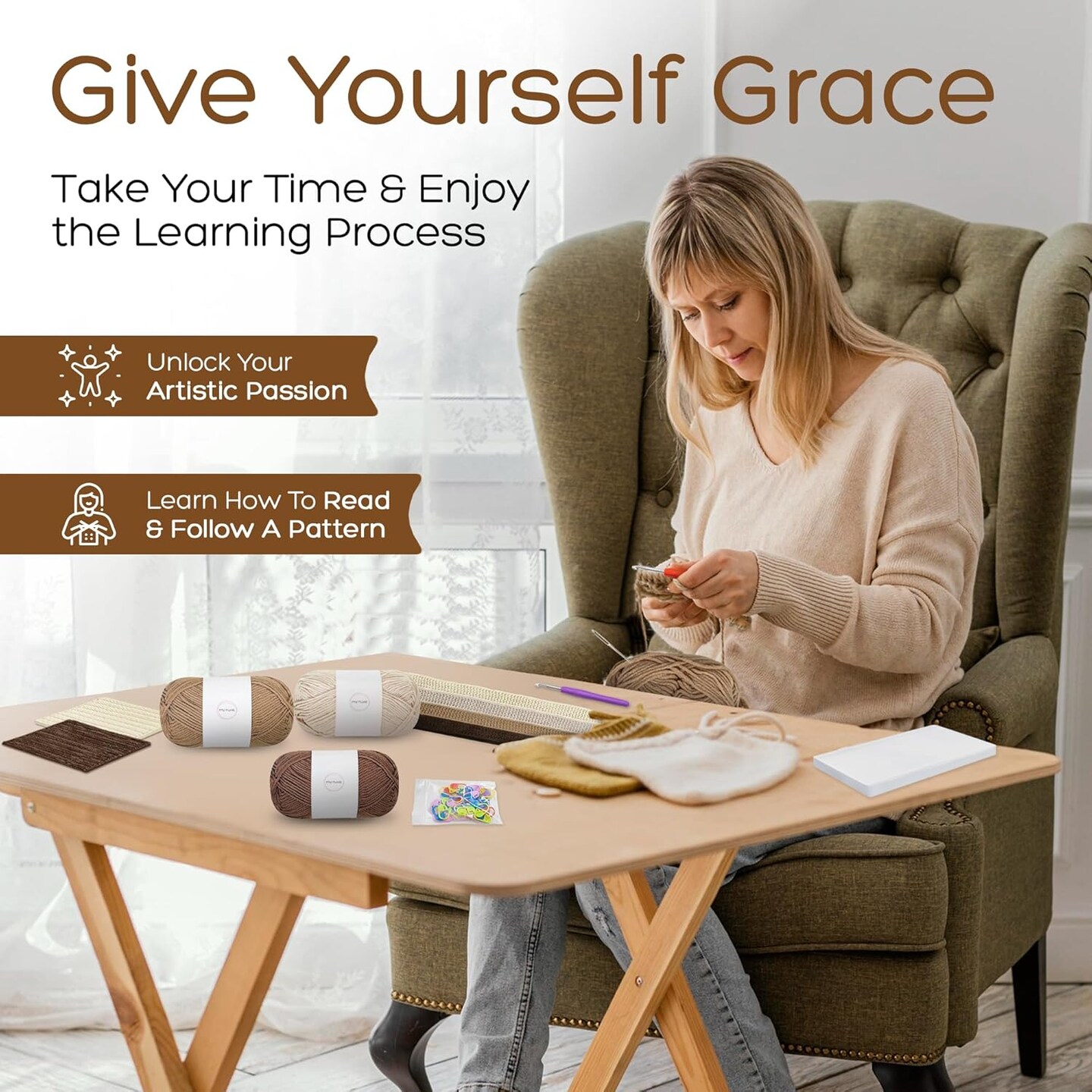 Crocheting Kit for Beginners-Crochet Kit for Starters Adult Crafts &#x26; Kids Crafts-Choose Your Project-Coasters &#x26; Placemats or 1 Table Runner-Instructional Videos, Crochet Accessories