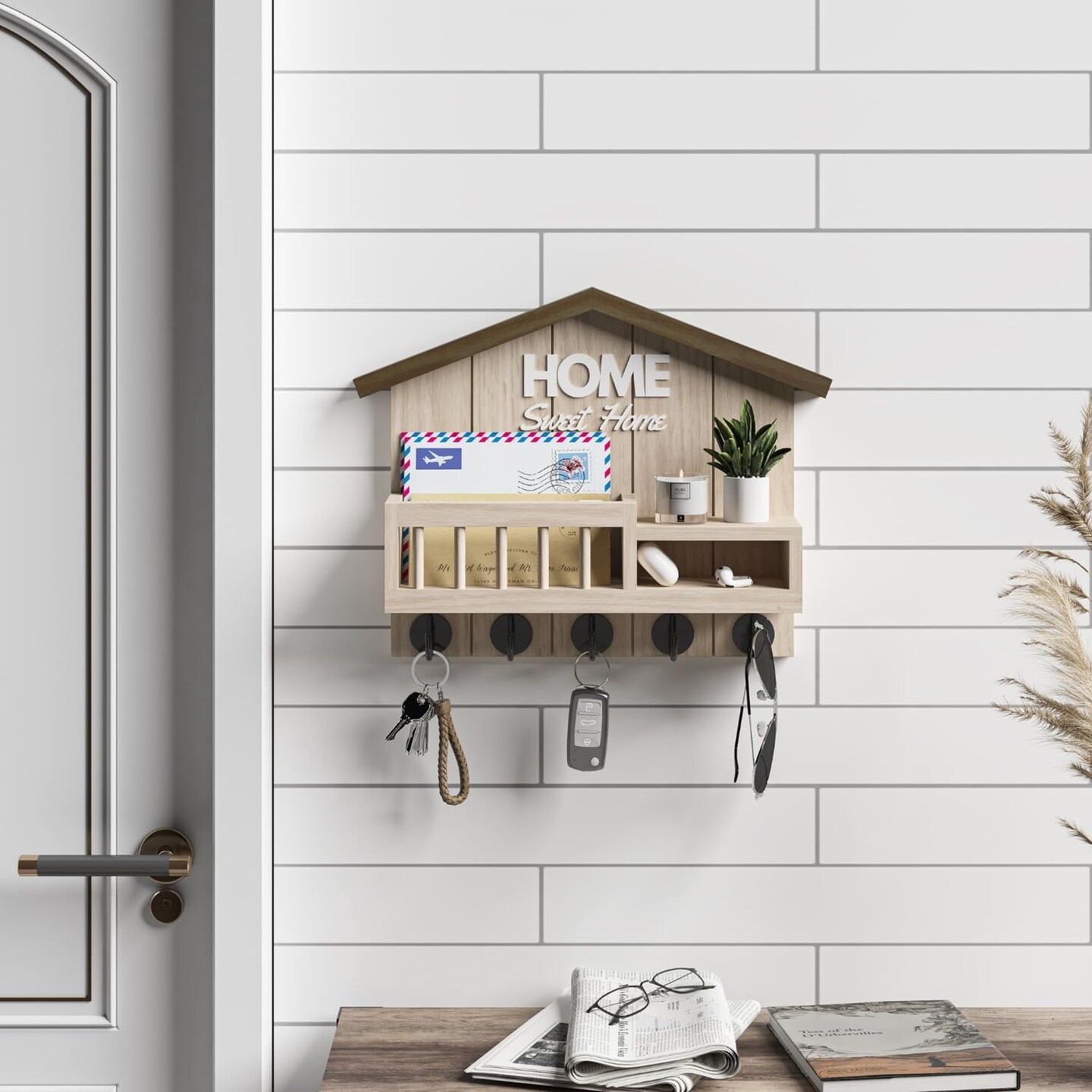 Key and Mail Holder for Wall, Wall Key Holder with Shelf, Home Key Holder for Wall, Wood Key Holder Wall Mount, Mail Organizer Wall Mounted, Entryway &#x26; Front Door Key Holder with 5 Hooks(White)