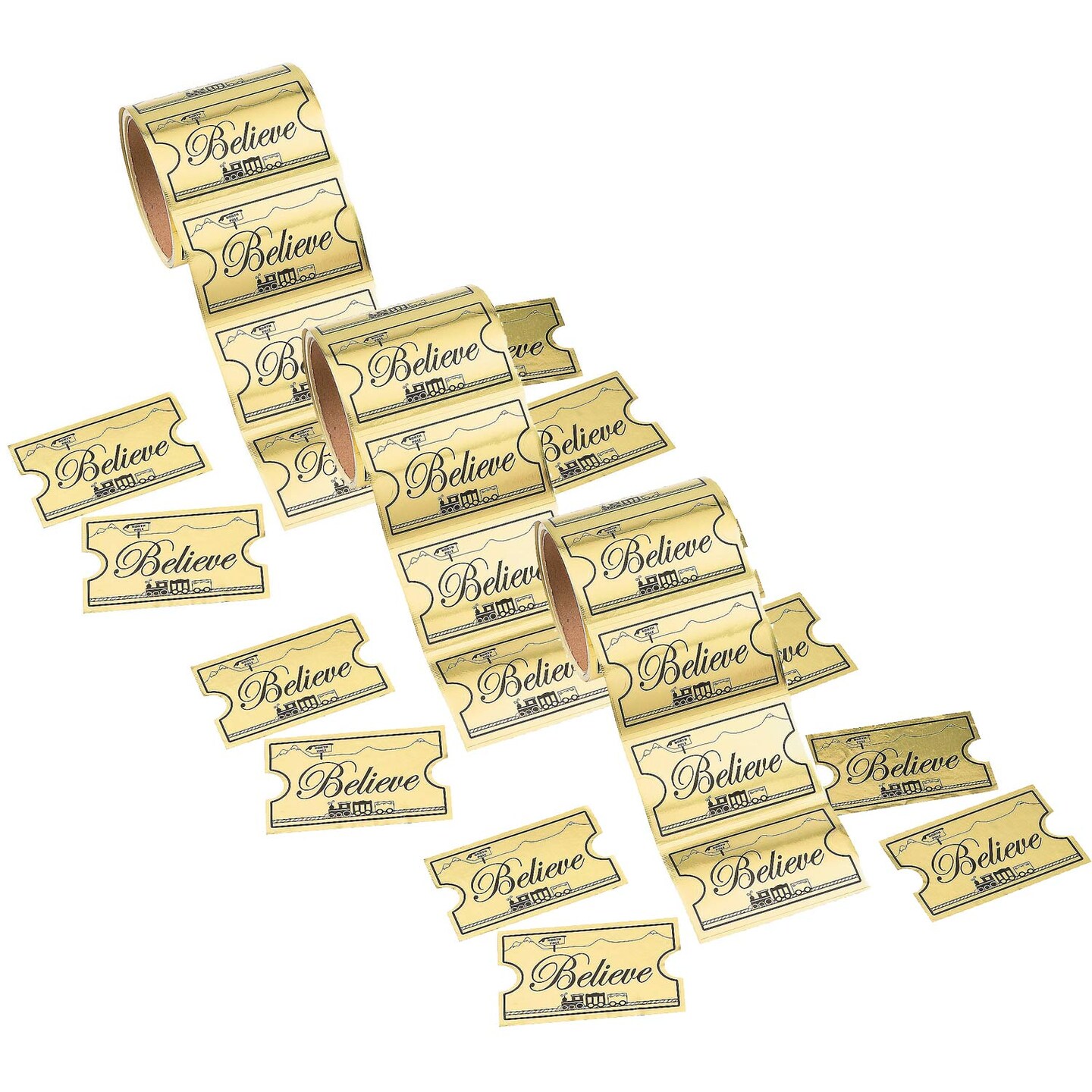 3 1/2" Jumbo Gold Foil Believe Train Ticket Sticker Roll 100 Pc