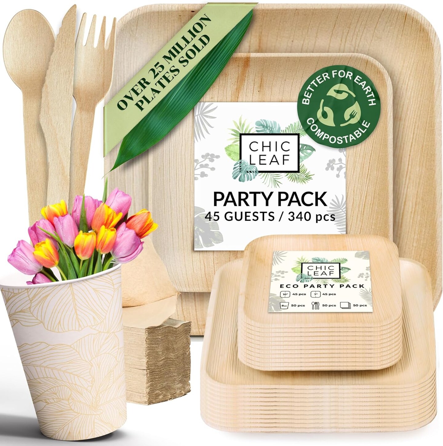 Compostable Palm Leaf Plates & Cups Set – 45-Pack of 10" & 7" Natural Biodegradable Tableware, Includes Durable Bamboo Utensils, Eco-Friendly Disposable Plates & Cups.