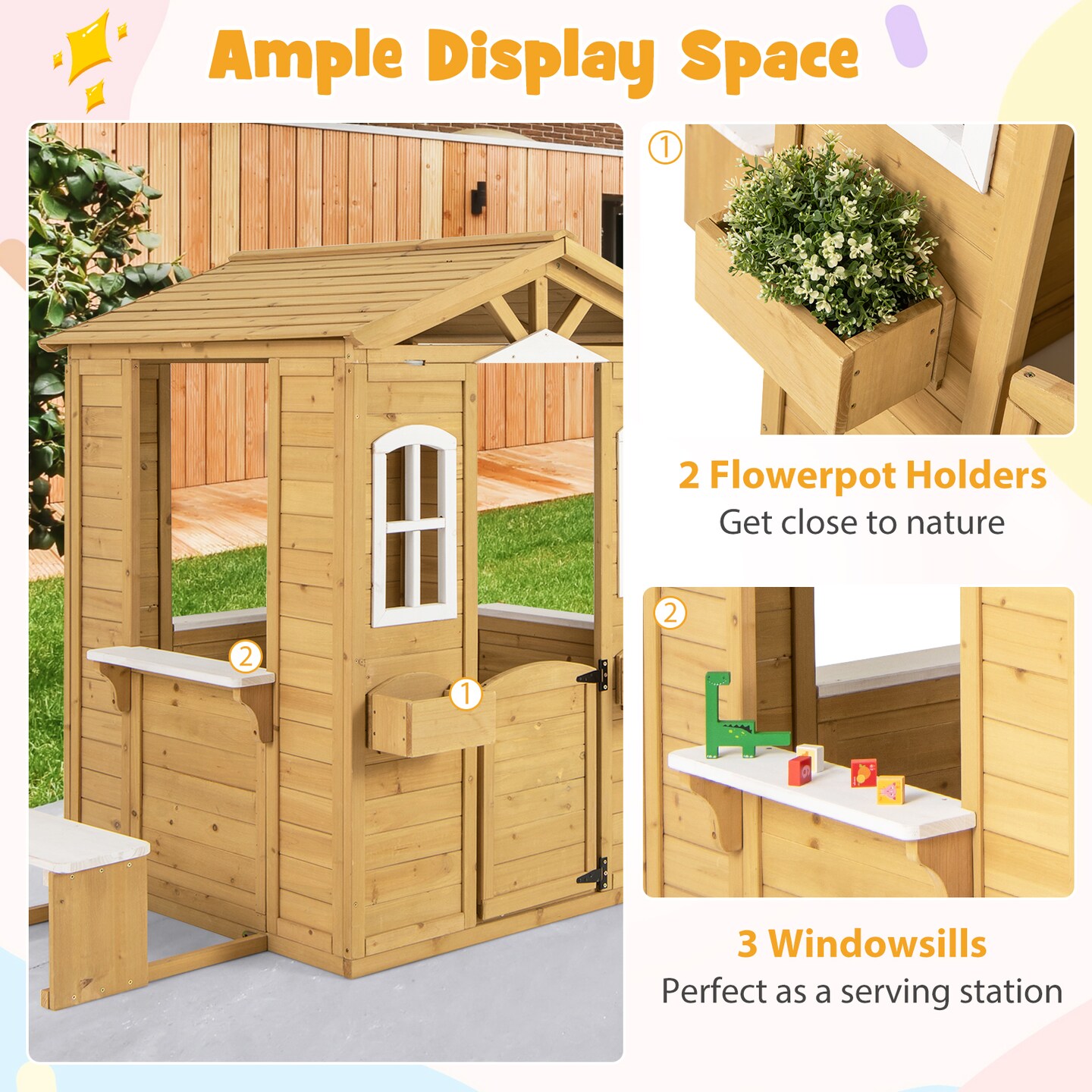 Outdoor Wooden Playhouse for Kids with Bench, Mailbox, and Serving Stations