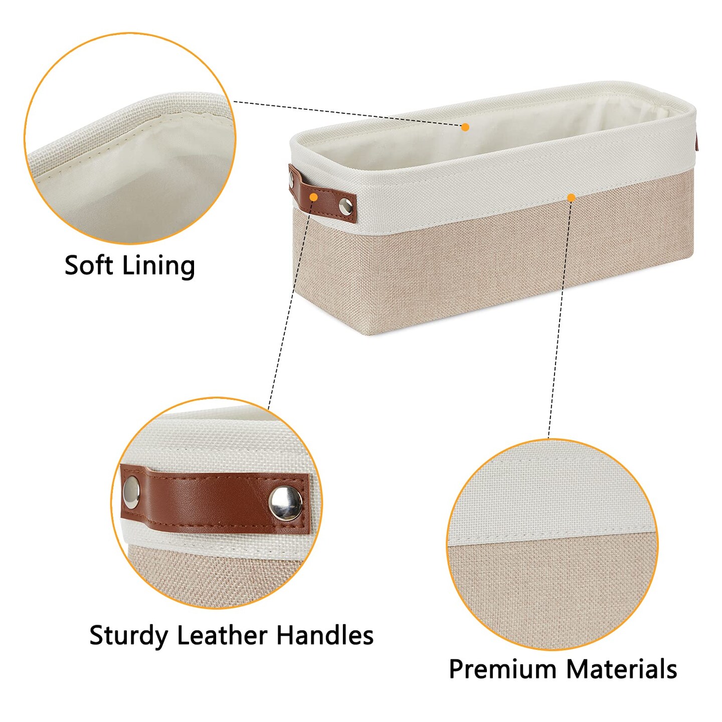 2-Pack Bathroom Baskets for Toilet, Small Storage Bins for Organizing Closets, Cabinets, Shelves, Canvas Fabric Storage Basket Bins With Leather Handles for Empty Gift Basket (White&#x26;Khaki)
