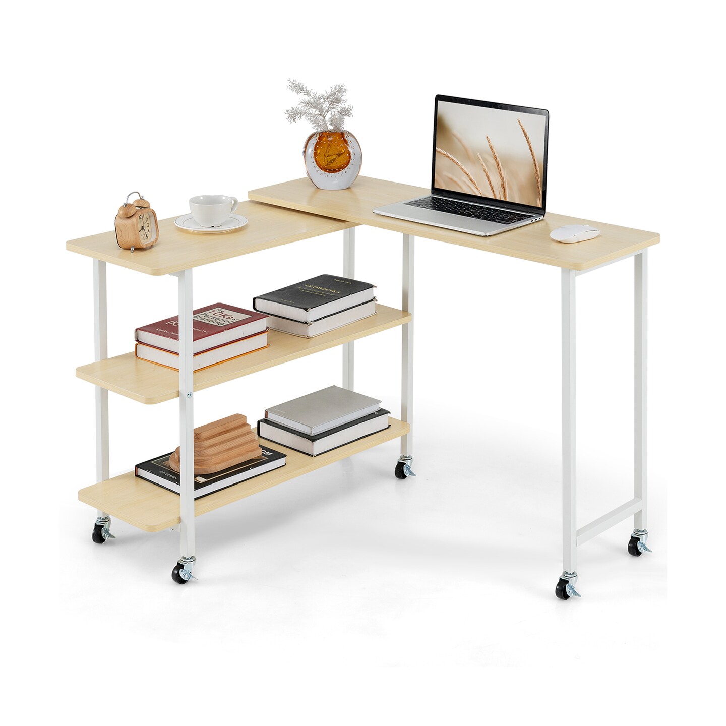 Space-Saving Sofa Side Table with Rotating Top 2 Open Shelves and 6 Locking Casters for Home Office