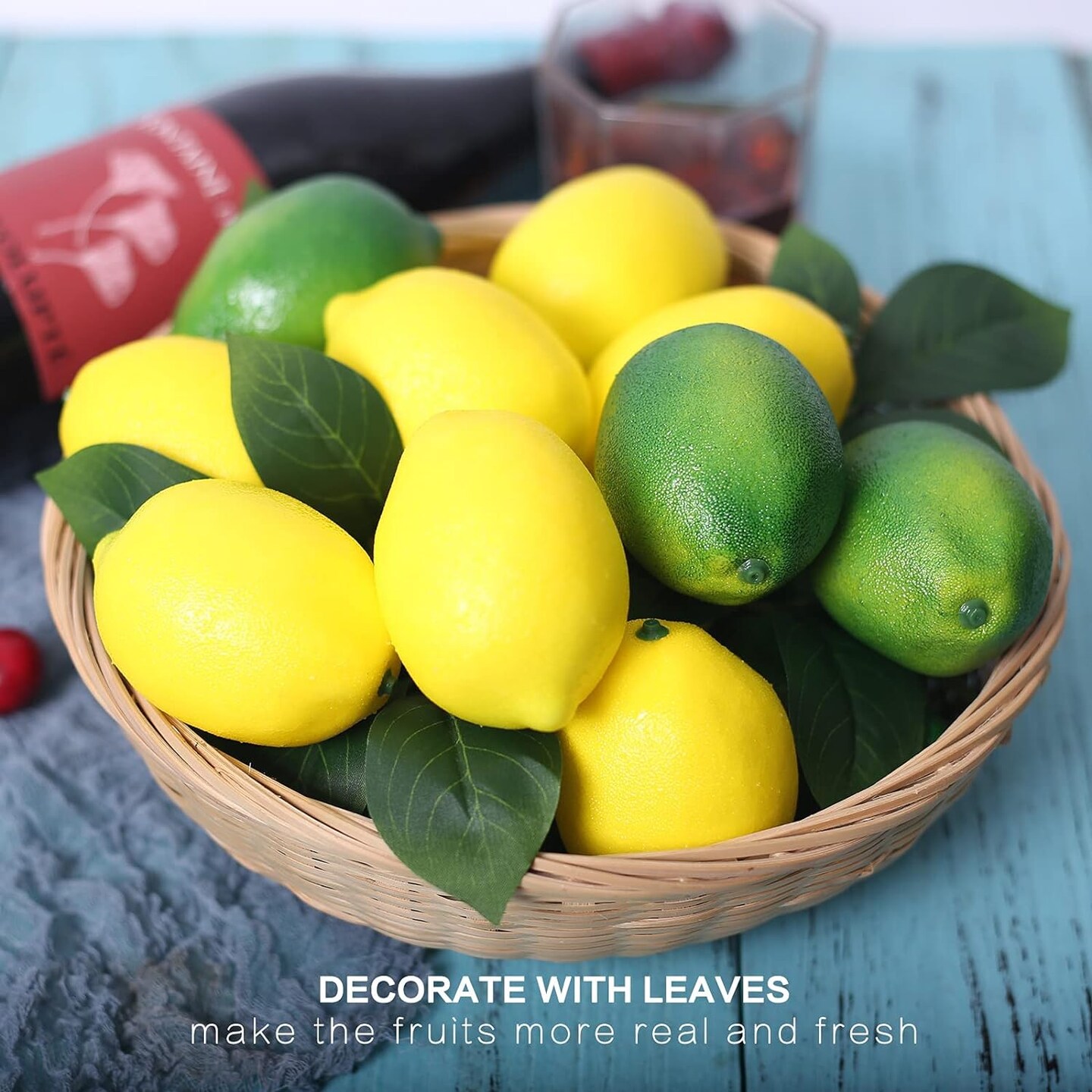24-Pack Artificial Lemons with 12 Faux Lemon Leaves – Lifelike Faux Fruit Décor for Kitchen, Table, Cabinets, Parties, Photography Props, and Home Decoration