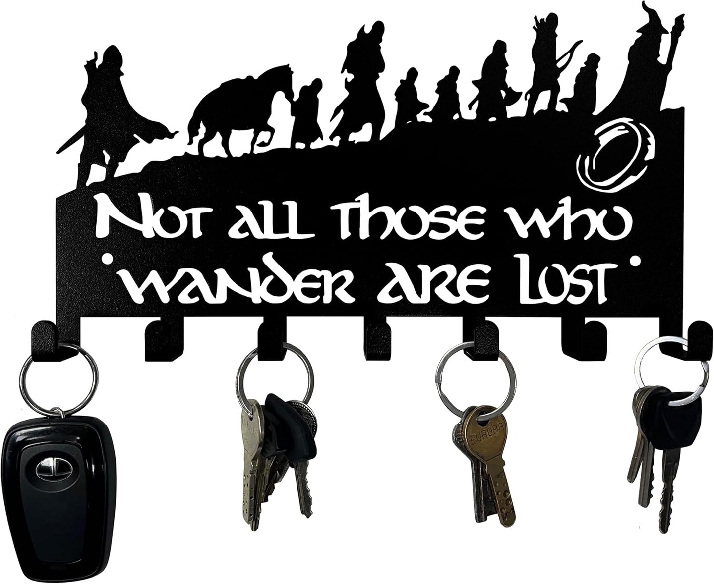 Decorative Metal Wall-Mounted Key Holder with 7 Hooks – Sturdy Entryway Key Rack for Keys, Leashes, Belts, Purses & Coats (Black)