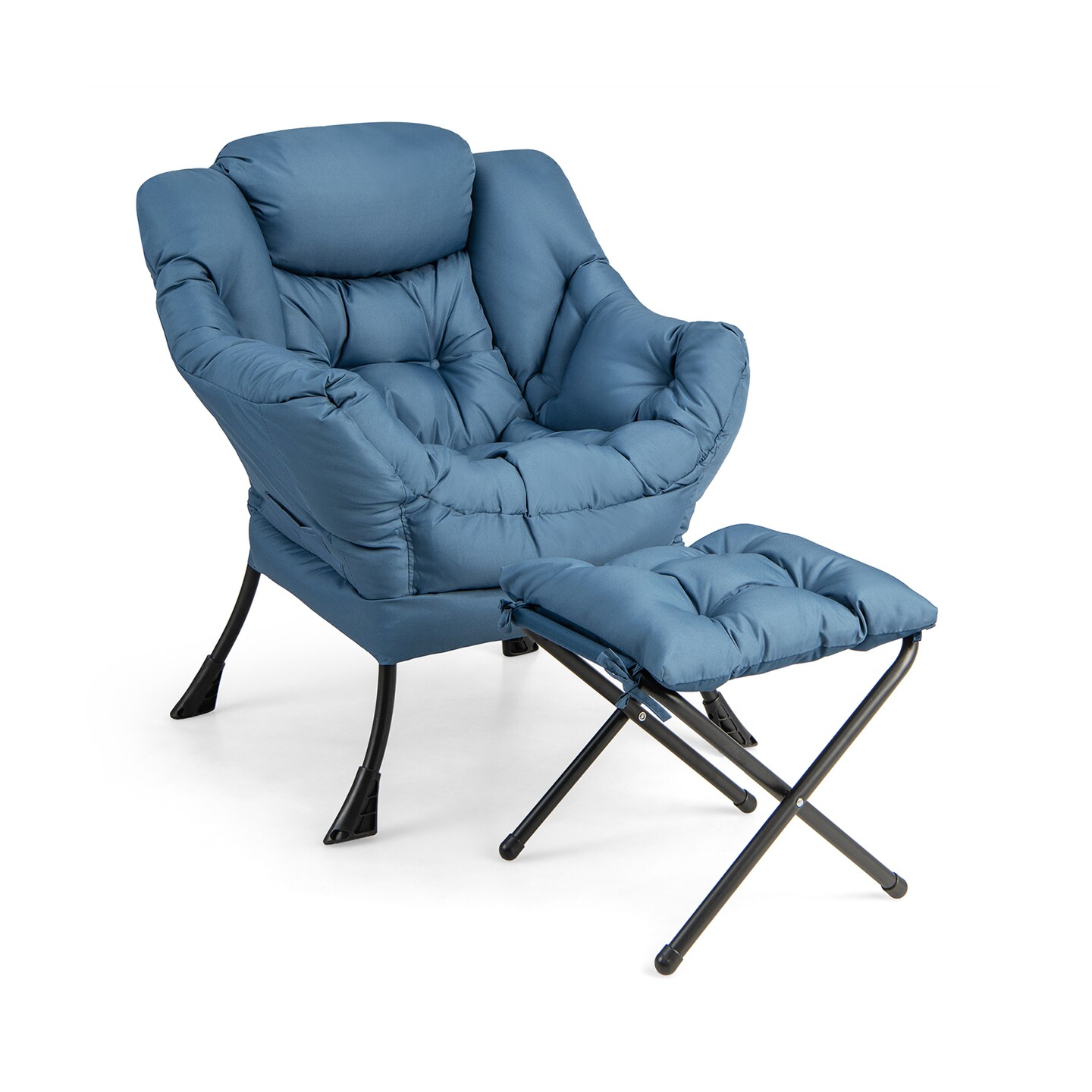 Modern Lazy Sofa Chair with Foldable Ottoman Metal Frame Polyester Cover Comfy Seat and Pillow