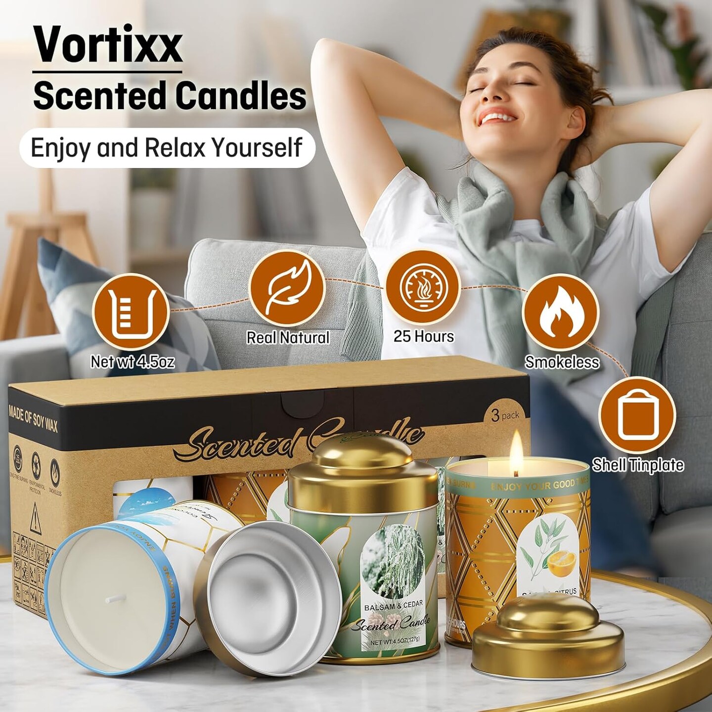 3-Pack Aromatherapy Candle Set - Balsam & Cedar, Sage & Citrus, Coconut & Beach Scented Candles 4.5oz Each | 25+ Hour Relaxing Long-Lasting Burn | Natural Soy Candles