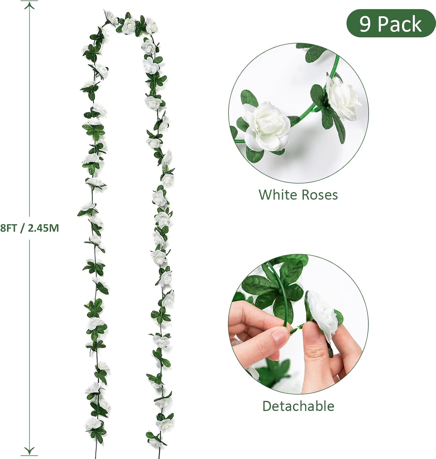Artificial Flower Garland, Fake White Roses Vines Silk Flowers Faux Plastic Outdoor Hanging Floral Ivy Garland Decoration