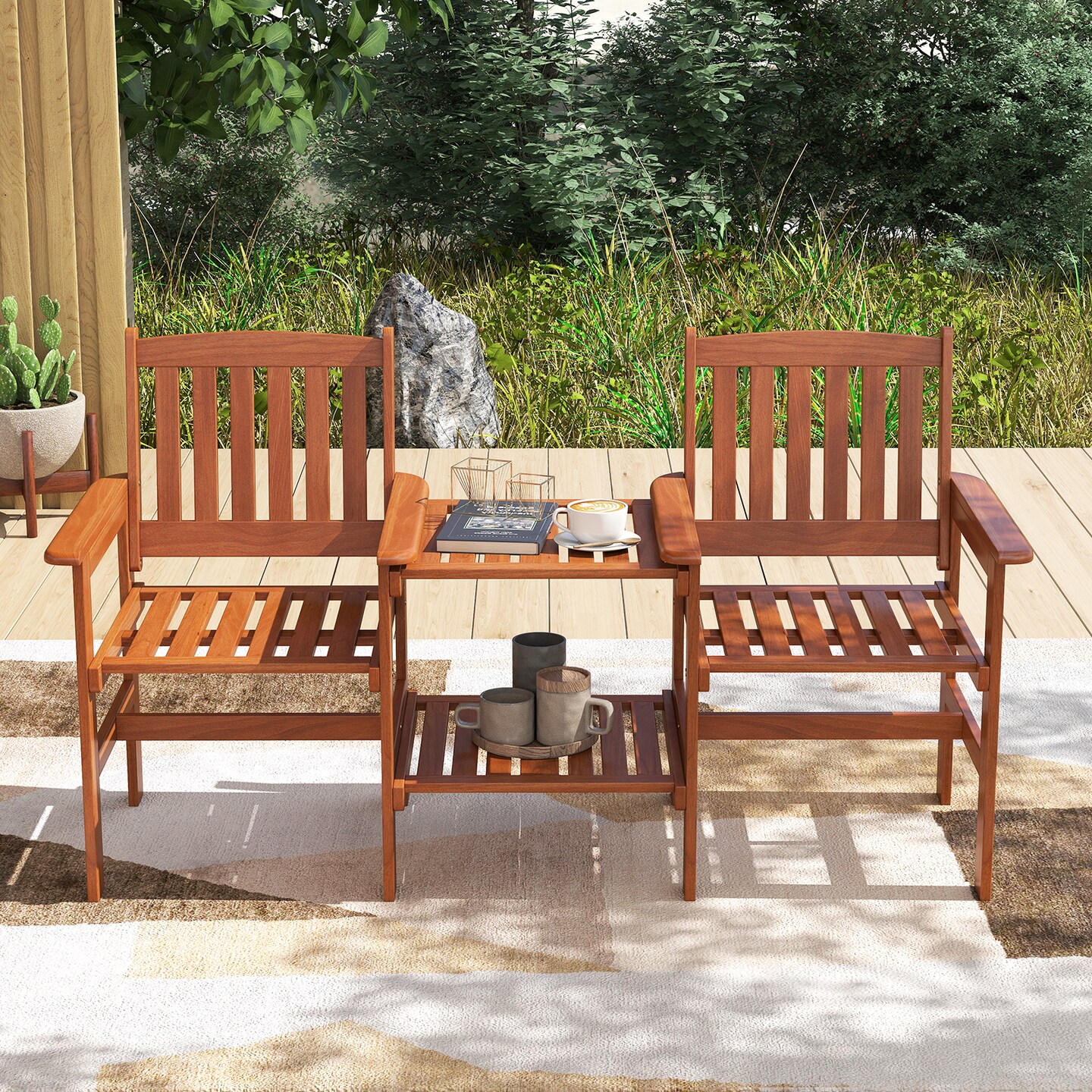 Wooden Outdoor Loveseat Bench with Built-in 2Tier Side Table & Umbrella Hole
