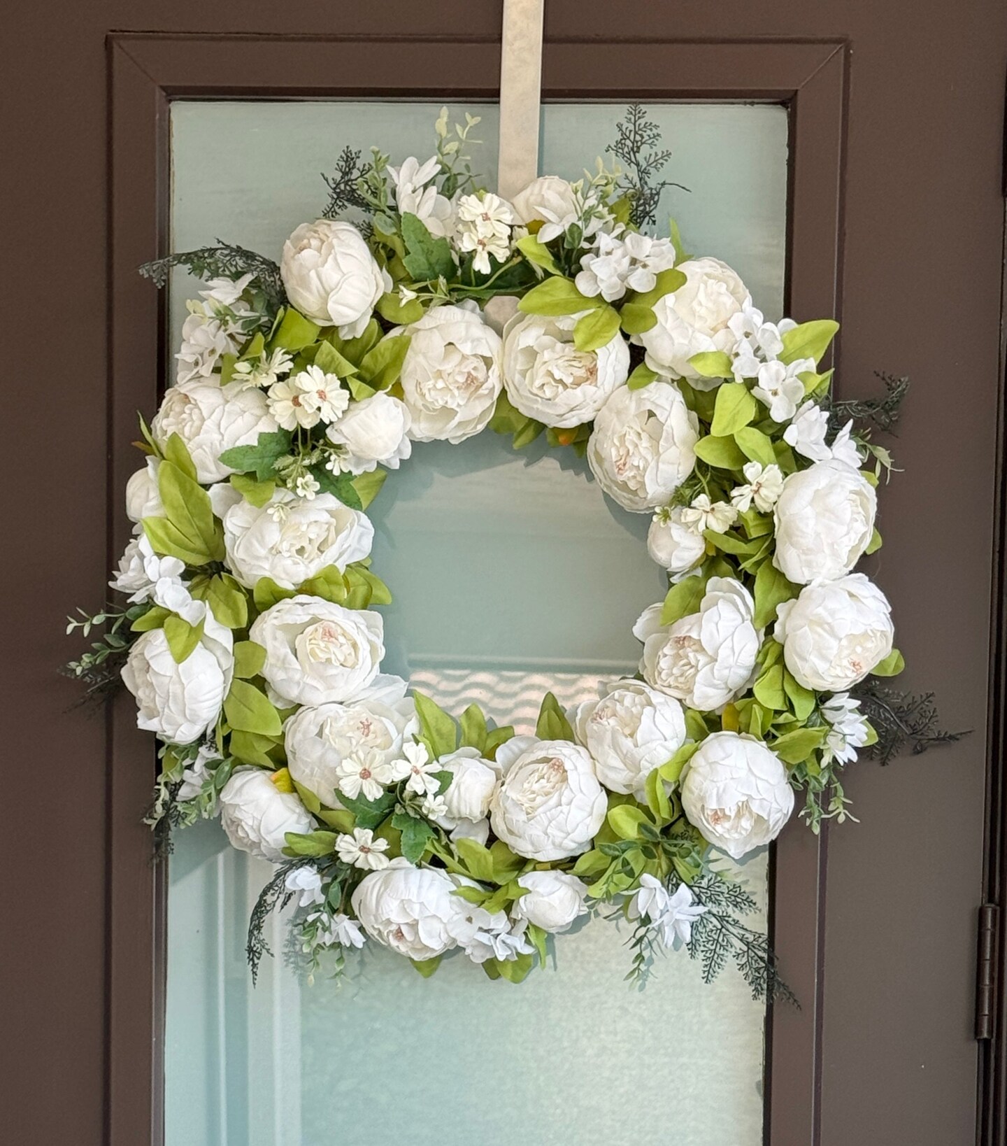 Zoey White Green Faux Peony Flower Wreath 23&#x22; All Season Indoor Outdoor Decor