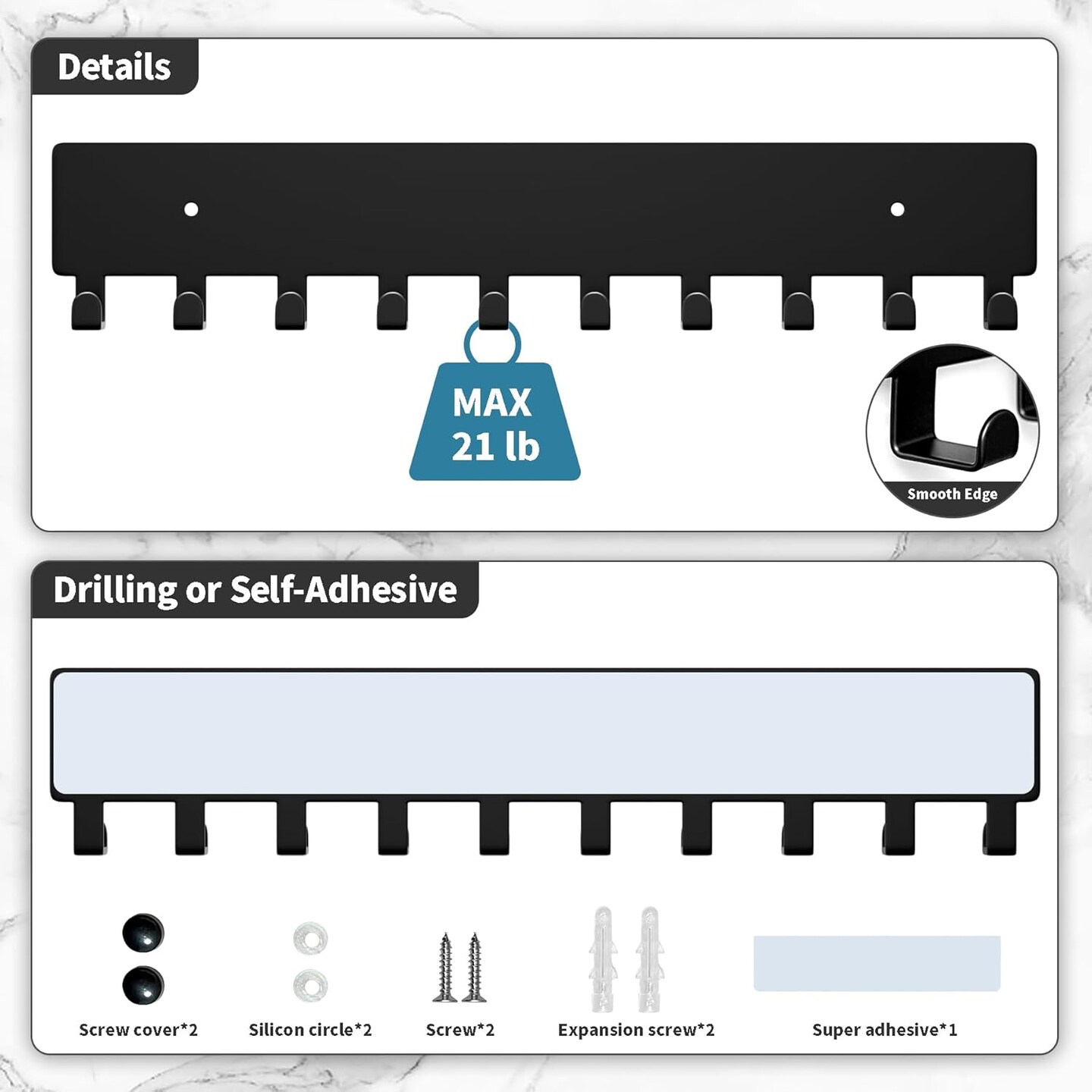 Key Holder for Wall, Key Hooks with 10 Hooks, Wall Mounted Key Holder for Hallway, Self Adhesive Key Rack(Black)