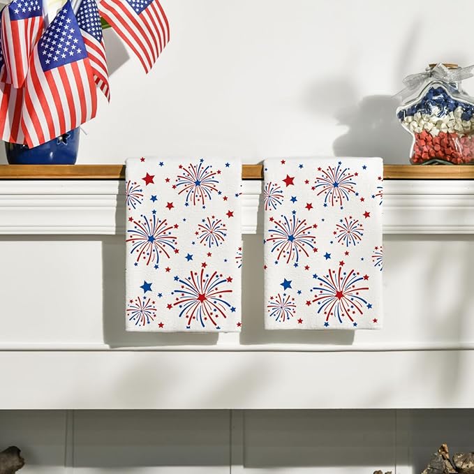 Fireworks Stars Patriotic 4th of July Kitchen Towels Dish Towels, 18x26 Inch Farmhouse Memorial Day Decoration Hand Towels Set of 2