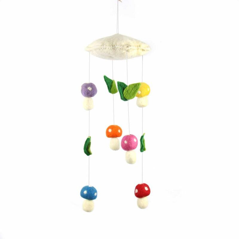 17 Inch Hand-Felted Mushroom Mobile with Multi-Color Wool Mushrooms and Decorative Leaves