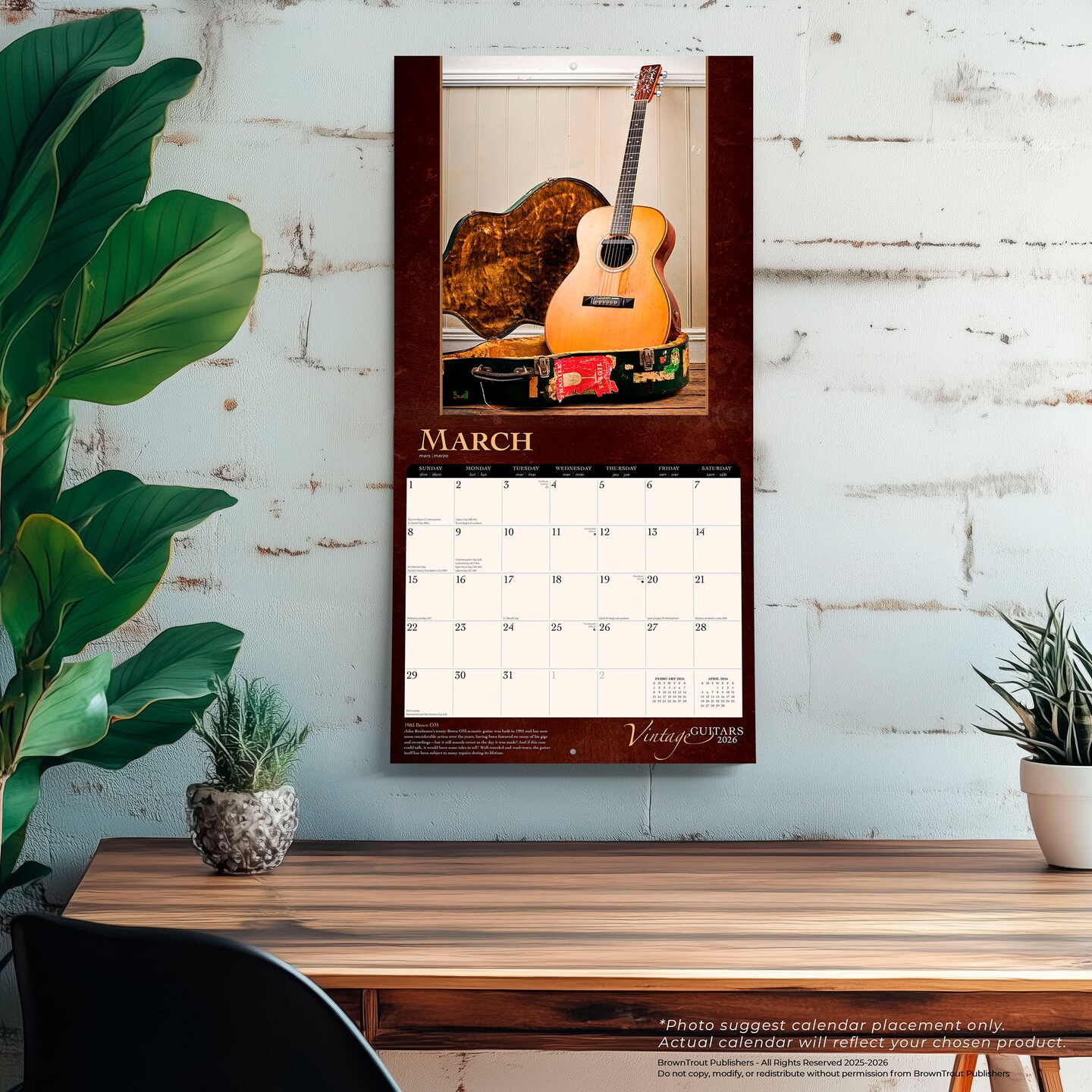 Vintage Guitars | 2026 12 x 24 Inch (Hanging) Monthly Square Wall Calendar | Foil Stamped Cover | Plastic-Free | BrownTrout | Instrument Classic
