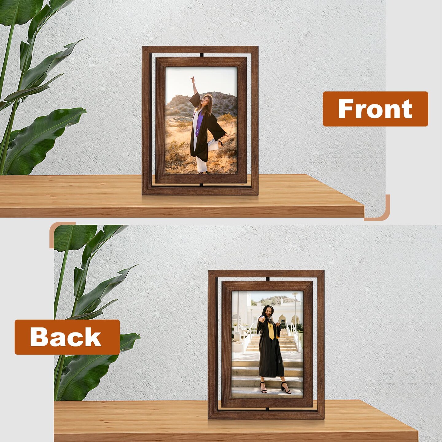 2 Pack 5x7 Rotating Floating Picture Frames,Double-Sided Display with HD Glass Front Wooden Distressed Frame for Vertical or Horizontal Tabletop Display, Carbonization