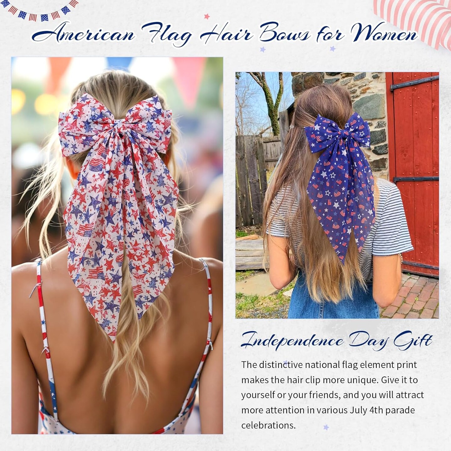 4th of July American Flag Hair Bows for Women, 3PCS Big Ribbon Bow Hair Clips for Girls, Patriotic Long Tail Accessories for Girls