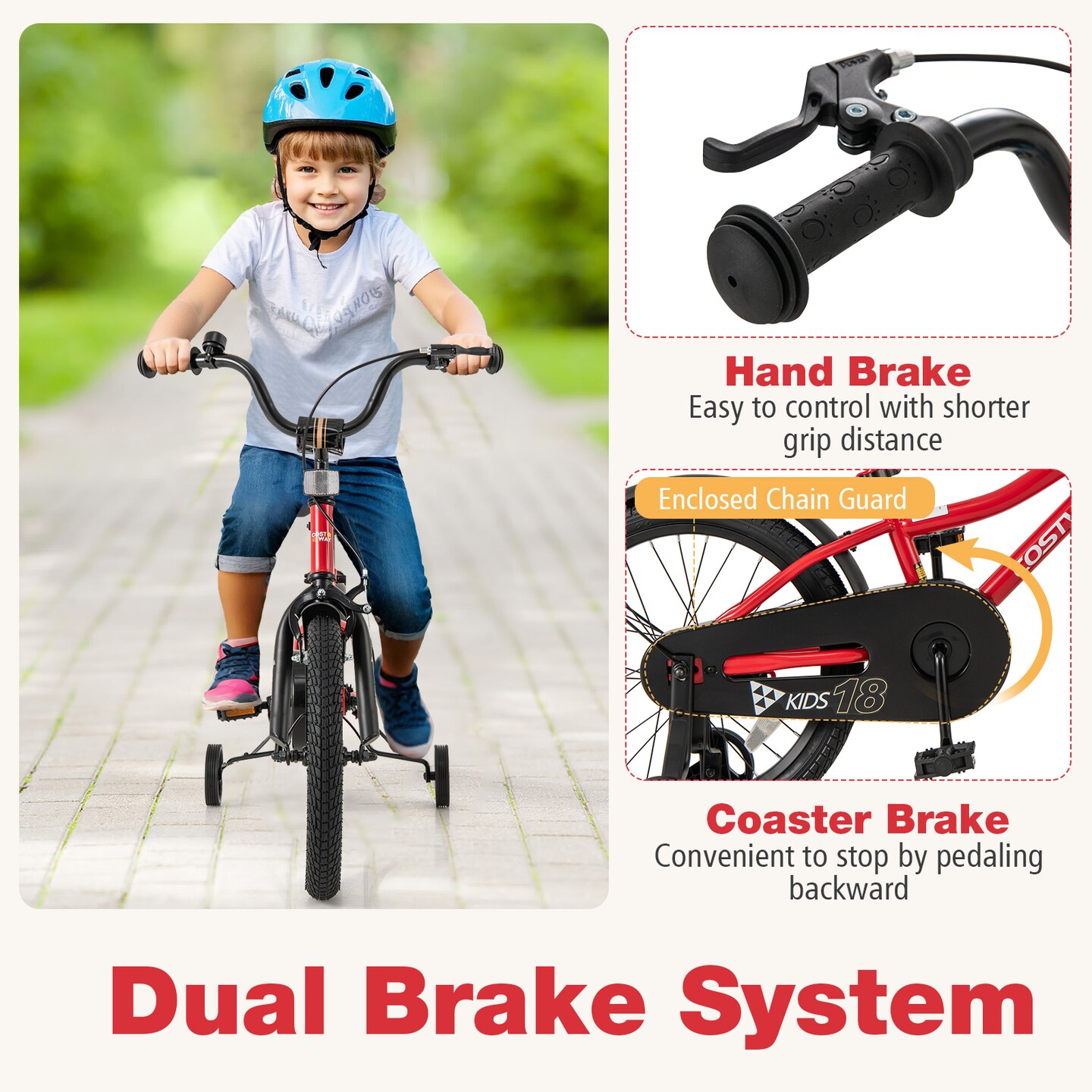 Red Children’s Bicycle with Removable Training Wheels and Dual Brake System, Adjustable Seat