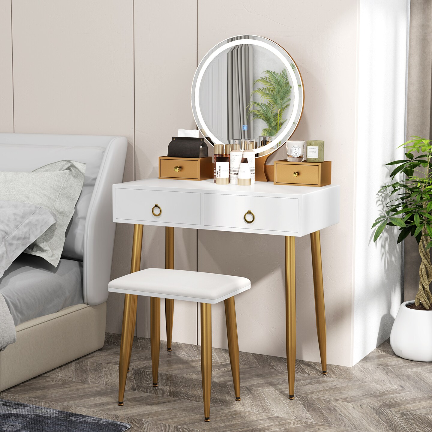Makeup Vanity Set with LED Mirror Touch Button Lighting Cushioned Stool and Storage Drawers