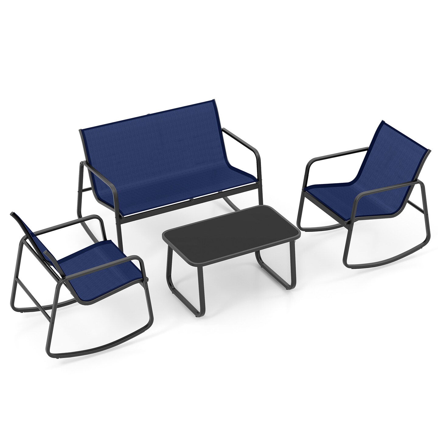 4-Piece Outdoor Patio Rocking Chair Set with Loveseat & Glass-Top Table