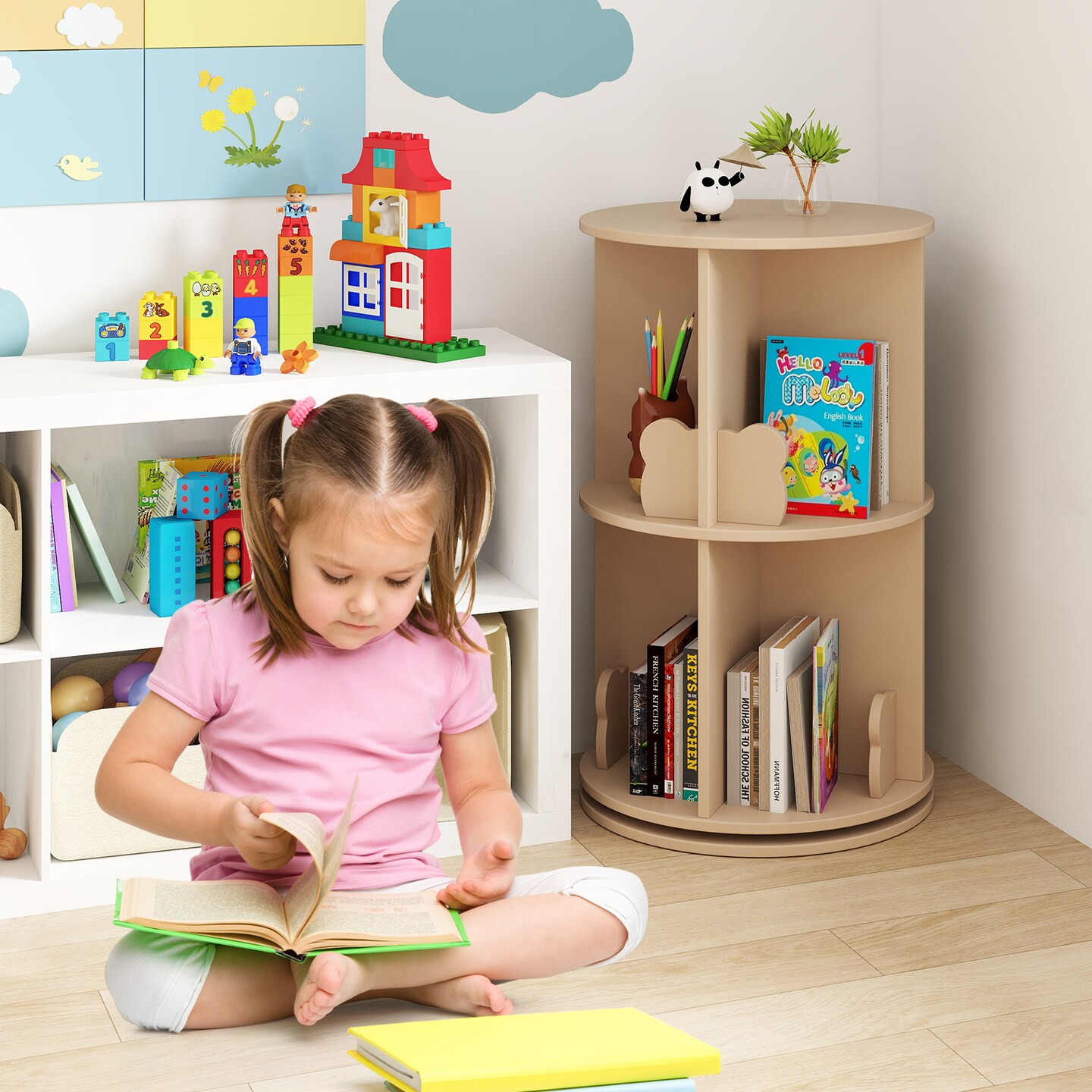 2 Tier Rotating Kids Bookshelf Storage Rack with Bear Baffles and 8 Slots