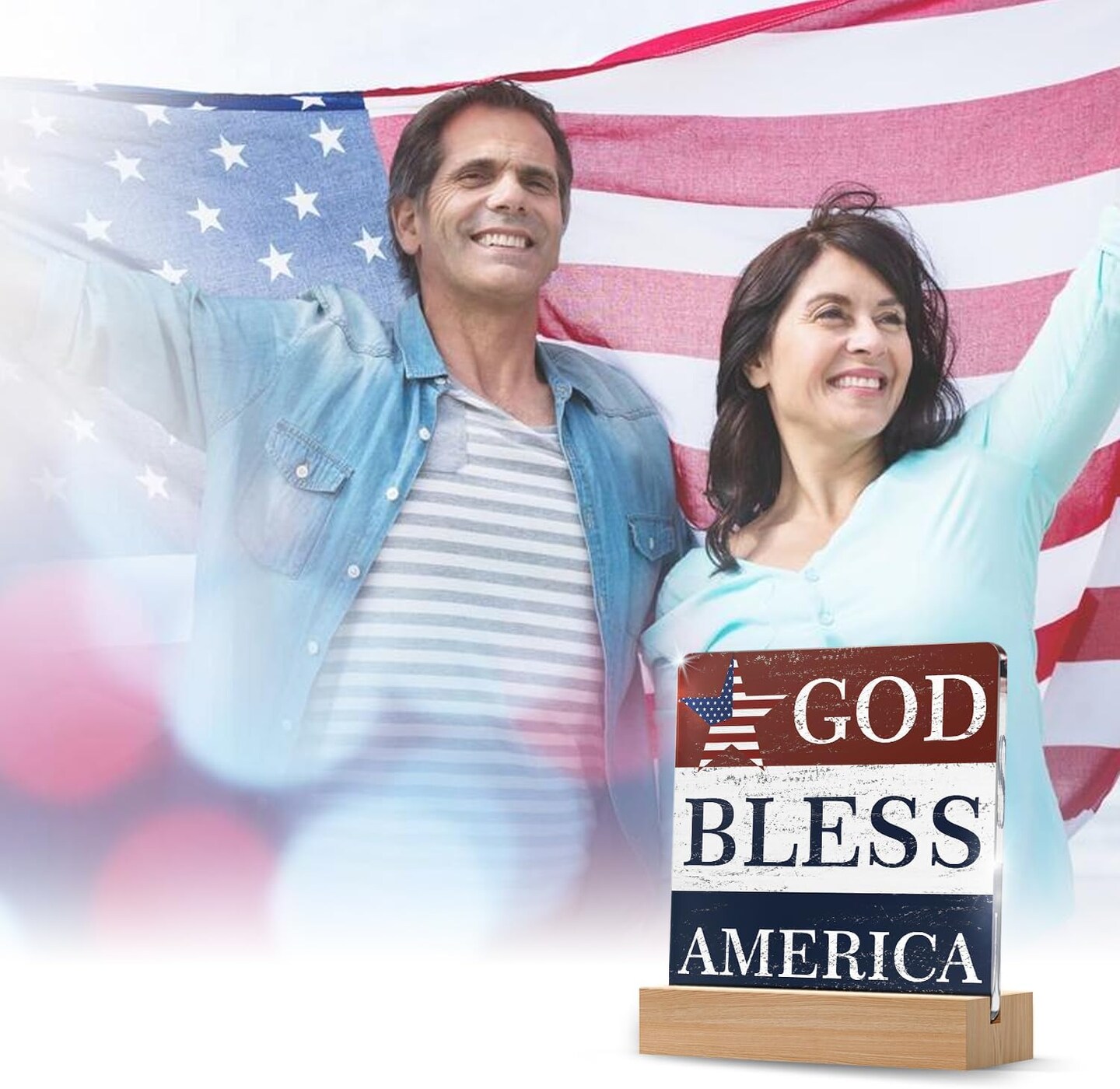 4th of July Patriotic Decorations Gifts for Independence Day Decor, God Bless America Farmhouse Desk Table Decor Acrylic Plaque with Wooden Stand, Memorial Day Red White and Blue Art Decor
