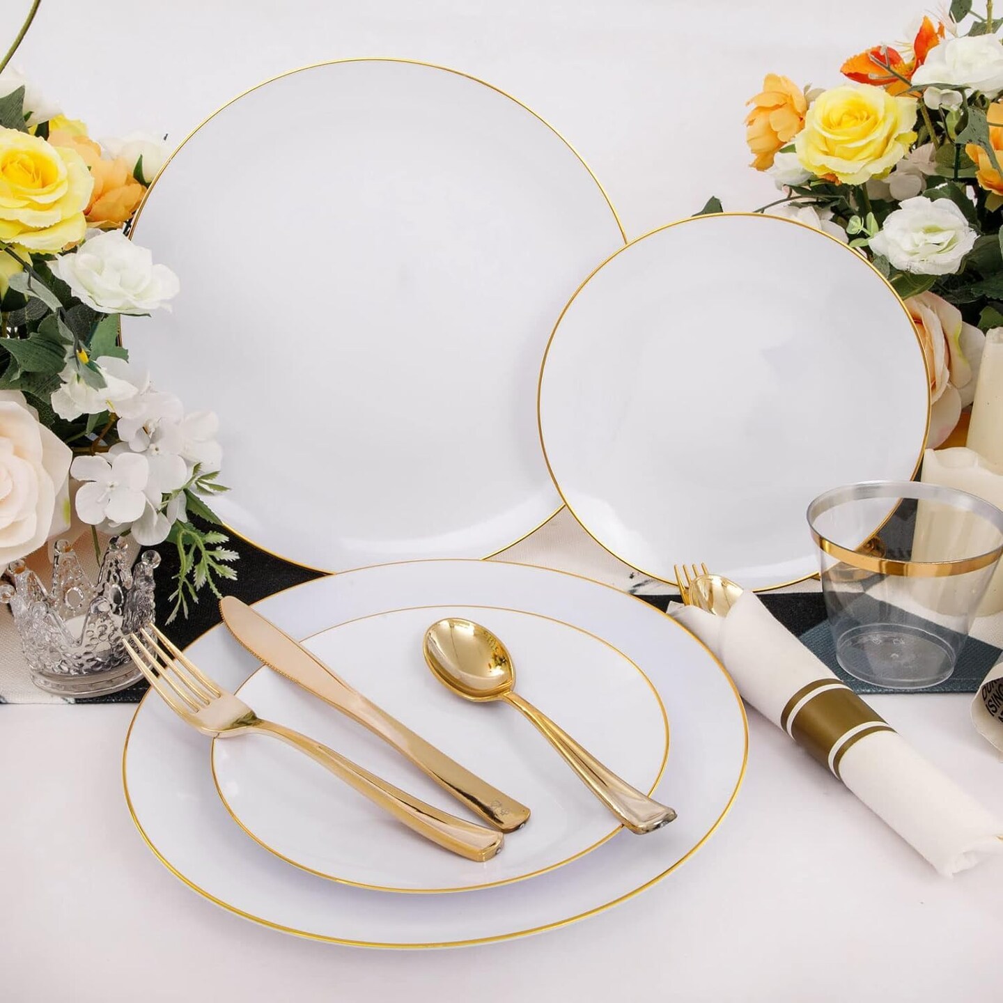 140Pcs Gold Plastic Plates, White Plates with Gold Rim, Disposable Dinnerware Include 20Dinner Platos, 20 Dessert Platos, 20Pre Rolled Napkins with Cutlery and 20 Cups for Party
