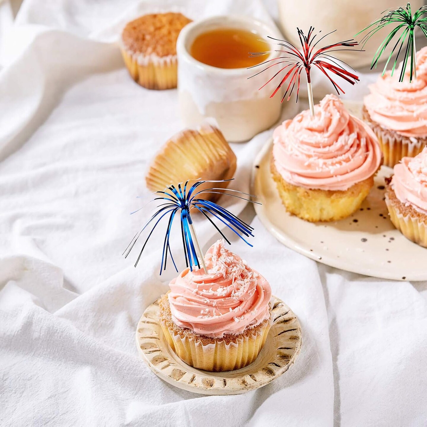 150 Pcs Cocktail Picks Firework Foil Frill Firework Cupcake Picks 7.87 Inch Cupcake Topper Toothpicks Food Fireworks Sticks Cocktail Sticks for Halloween Christmas Cake Party Decoration
