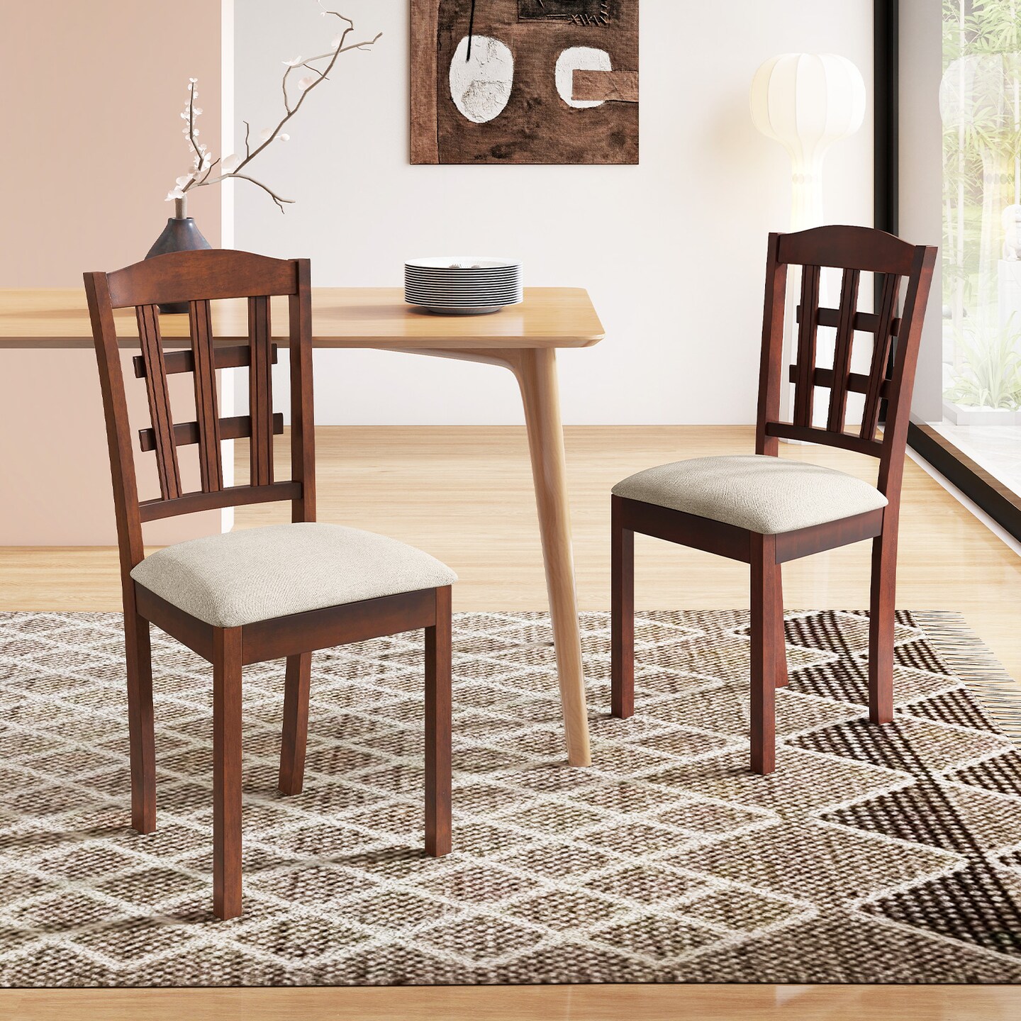 Set of 2 Classic Wood Kitchen Chairs with Cushioned Faux Leather Seats