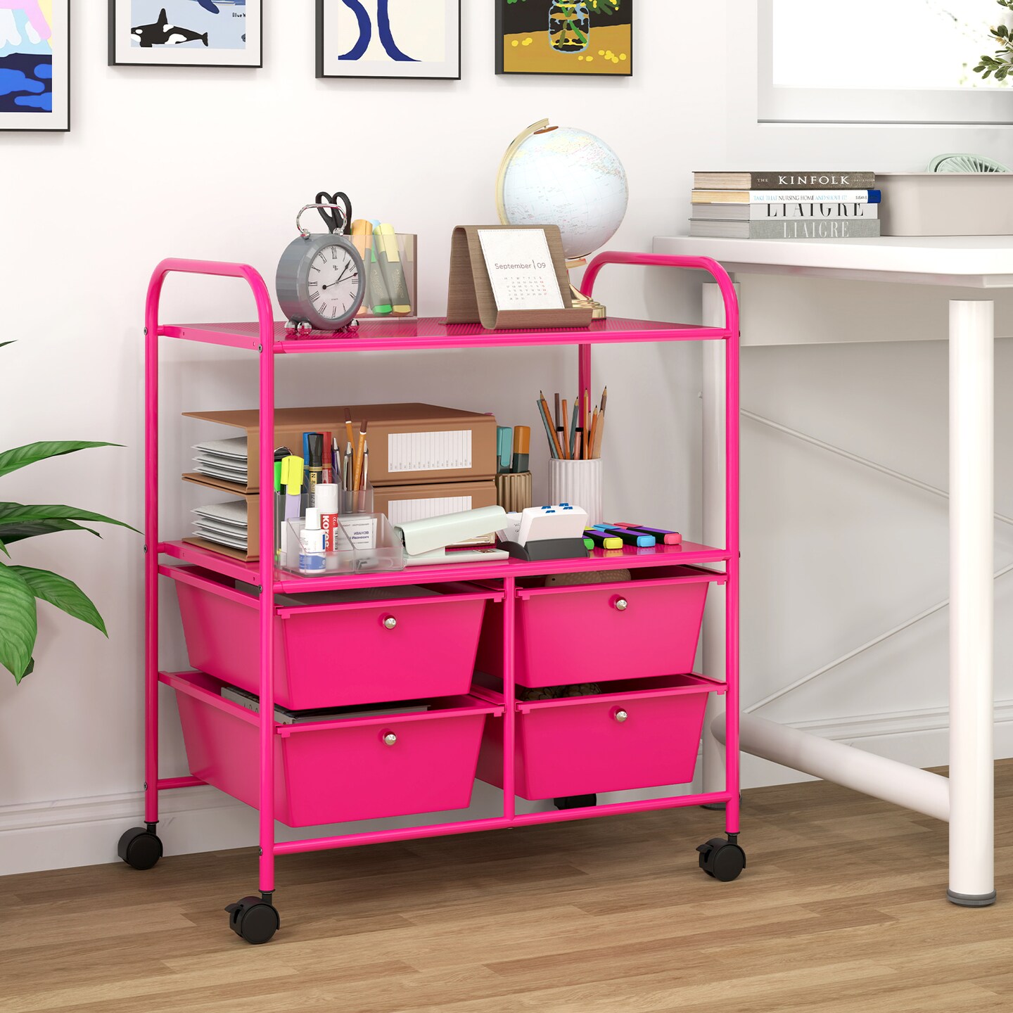 Multi-Purpose Storage Cart with 4 Drawers and Shelves Rolling Organization Solution for Home or Office