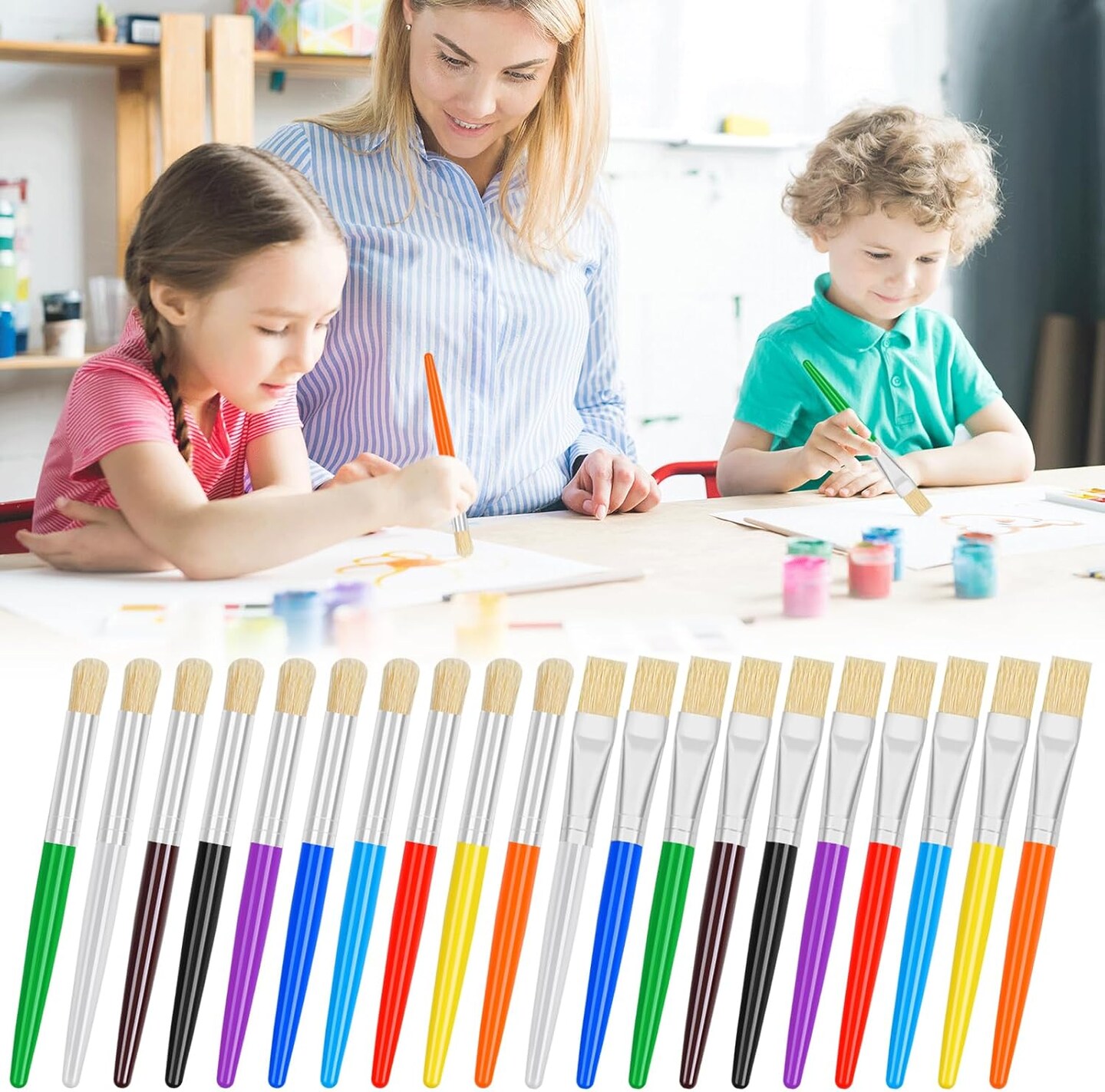 20 Pcs Paint Brushes for Kids, Round and Flat Kids Paint Brushes, Easy Hold and Clean Toddler Paint Brushes, Bristle Craft Paint Brushes for Acrylic Oil Watercolor Washable Paint