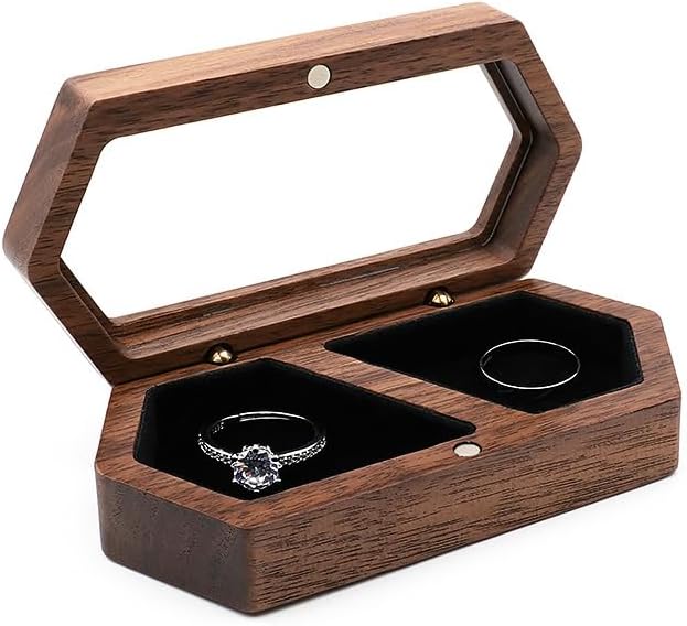 Wooden Ring Box for Wedding Ceremony, Engagement Ring Box for Proposal, Jewelry Organizer, Jewelry Display Box with 2 Slots, Wedding Keepsake Storage