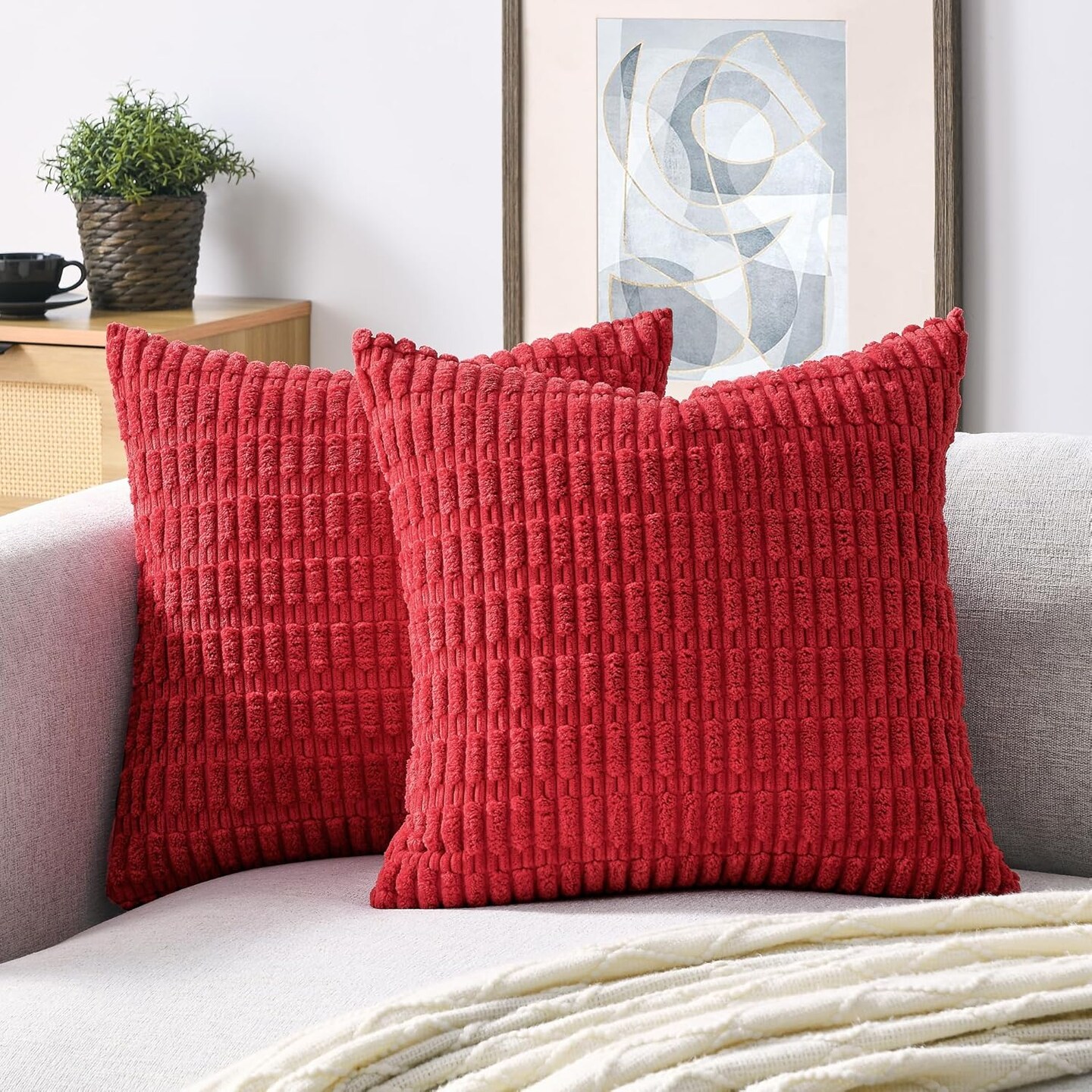 Volcanics Christmas Pillow Covers 18x18, Pack of 2 Red Soft Corduroy Striped Decorative Throw Pillow Covers, Modern Farmhouse Boho Home Decor